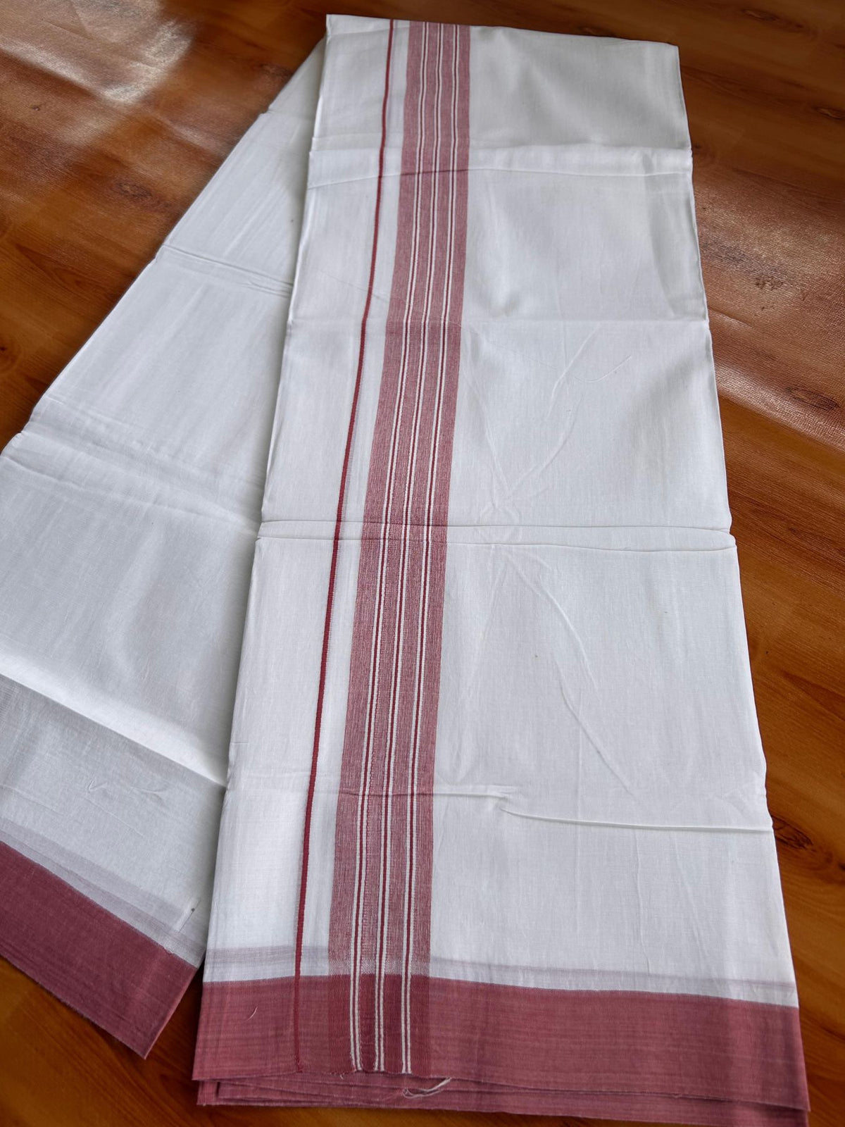 Double Pure White Mundu/Dhoti -20% Discount! KaithariKada 100% Cotton - 100x80 - 1.5 Inch Light Maroon Shaded Striped Kara - 3.80 mtr (8 muzham) - 39 KK5519 PMC