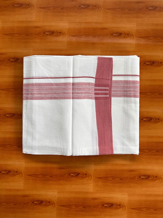 Double Pure White Mundu/Dhoti -20% Discount! KaithariKada 100% Cotton - 100x80 - 1.5 Inch Light Maroon Shaded Striped Kara - 3.80 mtr (8 muzham) - 39 KK5519 PMC