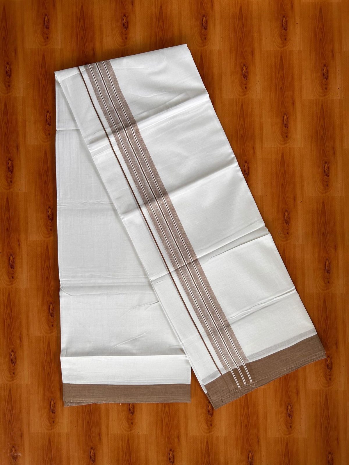 Double Pure White Mundu/Dhoti -20% Discount! KaithariKada 100% Cotton - 100x80 - 1.75 Inch Brown Shaded Striped Kara - 3.80 mtr (8 muzham) - 40 KK5519 PMC