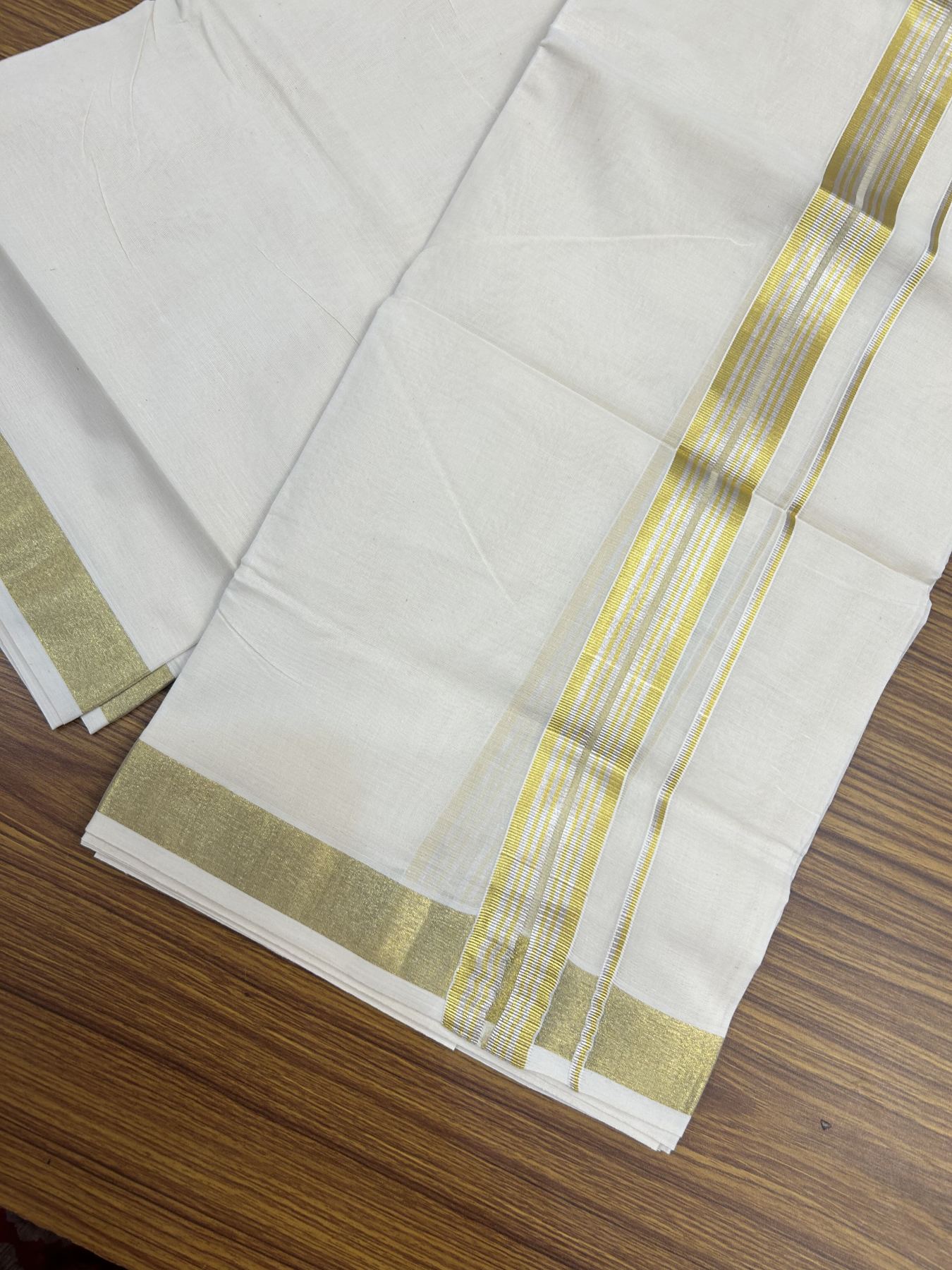 20% Discount ! KaithariKada Balaramapuram - 100% Pure Cotton Off White - (Unbleached) Double Mundu/Dhoti - 100X80 - 1.5 inch Gold Kasav & Silver Kasav Striped Kara 4 mtr (8.5 muzham) - 16 KK5340 VIN