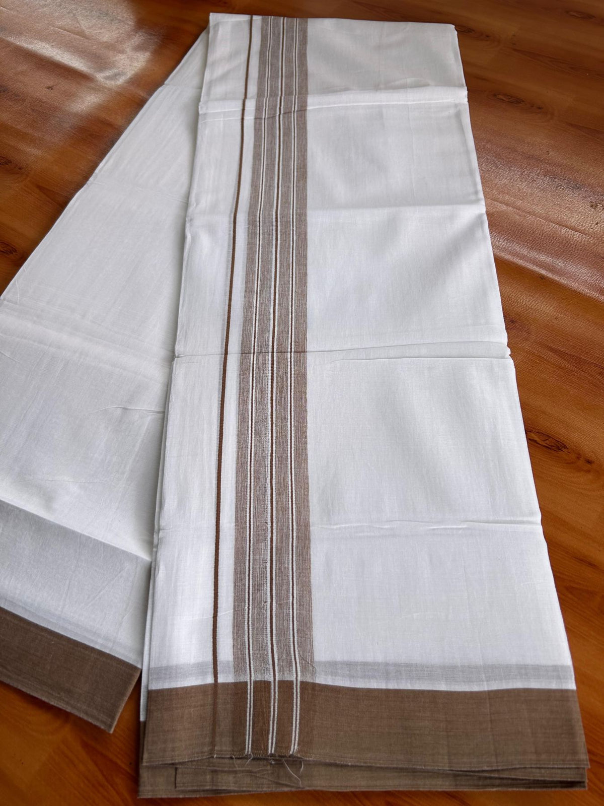 Double Pure White Mundu/Dhoti -20% Discount! KaithariKada 100% Cotton - 100x80 - 1.75 Inch Brown Shaded Striped Kara - 3.80 mtr (8 muzham) - 40 KK5519 PMC
