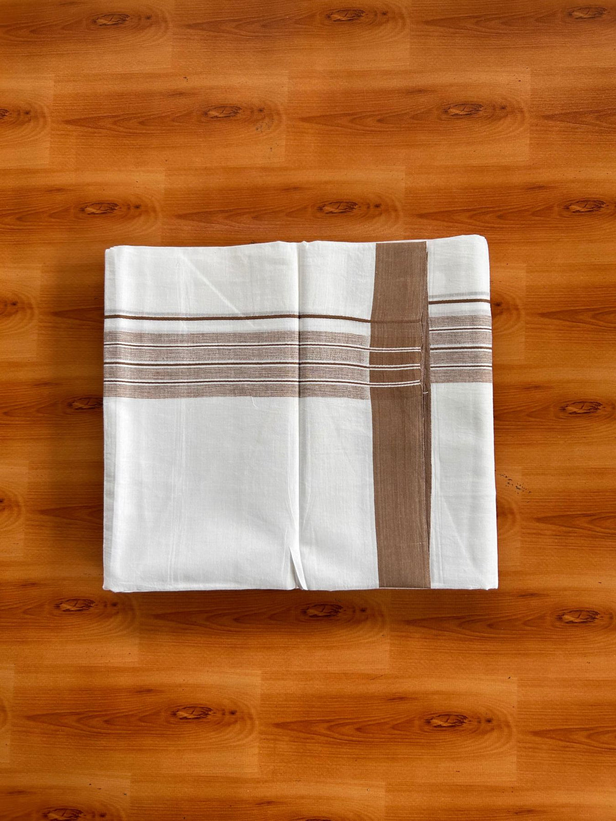 Double Pure White Mundu/Dhoti -20% Discount! KaithariKada 100% Cotton - 100x80 - 1.75 Inch Brown Shaded Striped Kara - 3.80 mtr (8 muzham) - 40 KK5519 PMC