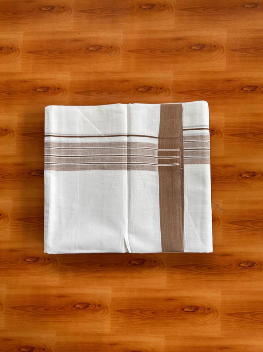 Double Pure White Mundu/Dhoti -20% Discount! KaithariKada 100% Cotton - 100x80 - 1.75 Inch Brown Shaded Striped Kara - 3.80 mtr (8 muzham) - 40 KK5519 PMC