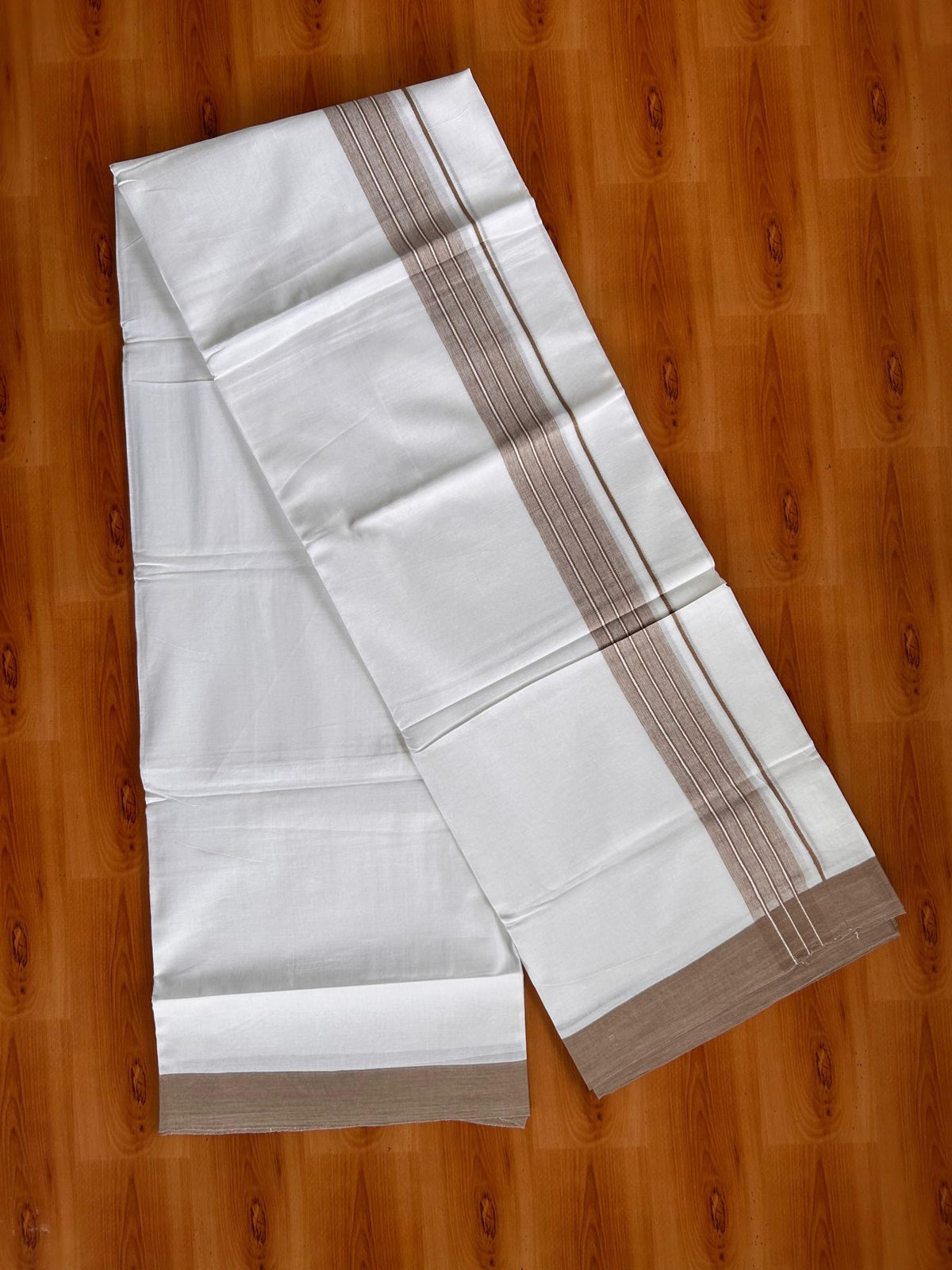 Double Pure White Mundu/Dhoti -20% Discount! KaithariKada 100% Cotton - 100x80 - 1.5 Inch Brown Shaded Striped Kara - 3.80 mtr (8 muzham) - 41 KK5519 PMC