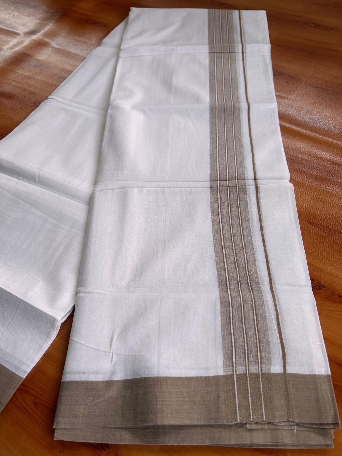 Double Pure White Mundu/Dhoti -20% Discount! KaithariKada 100% Cotton - 100x80 - 1.5 Inch Brown Shaded Striped Kara - 3.80 mtr (8 muzham) - 41 KK5519 PMC