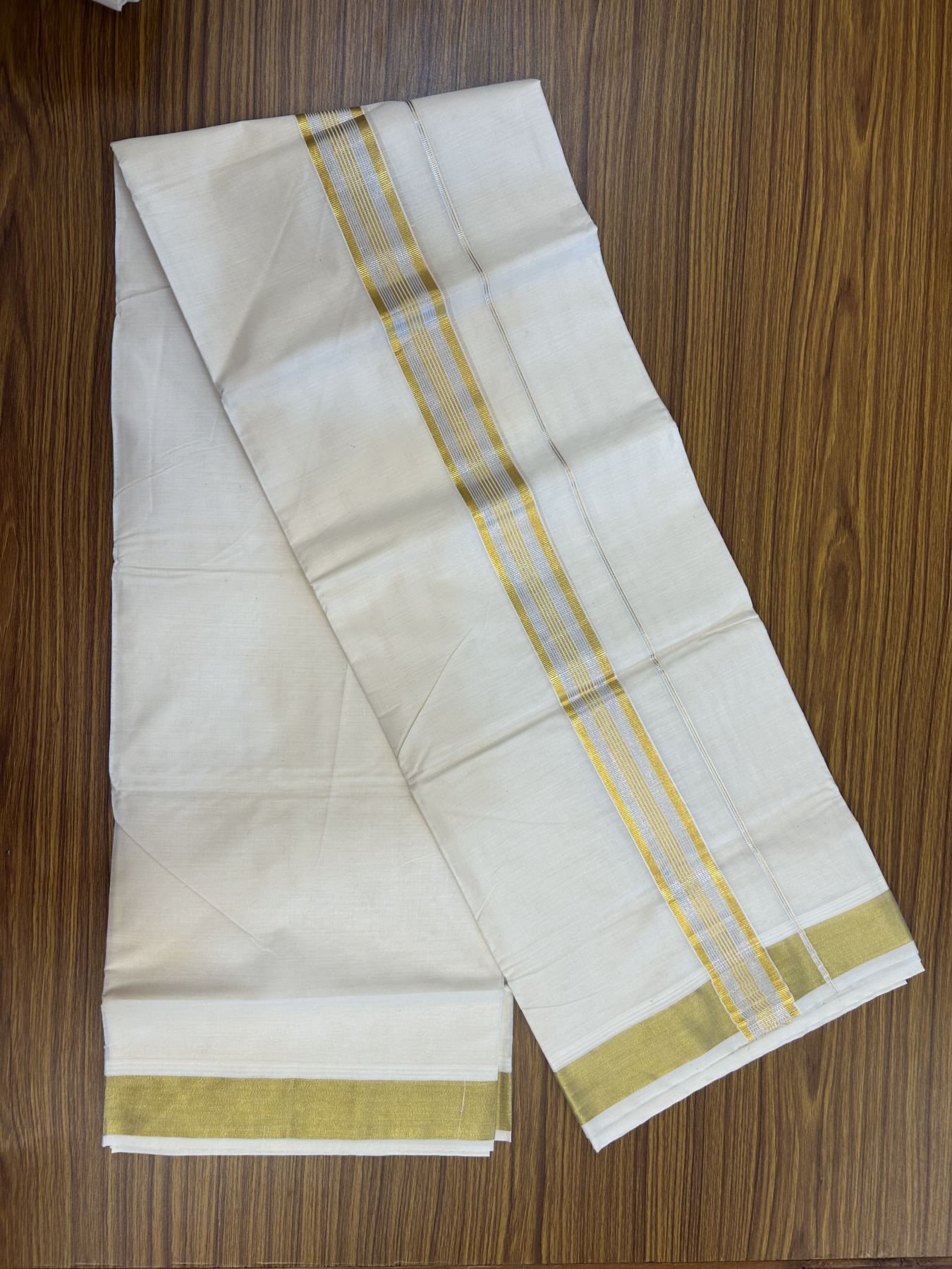 20% Discount ! KaithariKada Balaramapuram - 100% Pure Cotton Off White - (Unbleached) Double Mundu/Dhoti - 100X80 - 1.5 inch Gold Kasav & Silver Kasav Striped Kara 4 mtr (8.5 muzham) - 21 KK5340 VIN