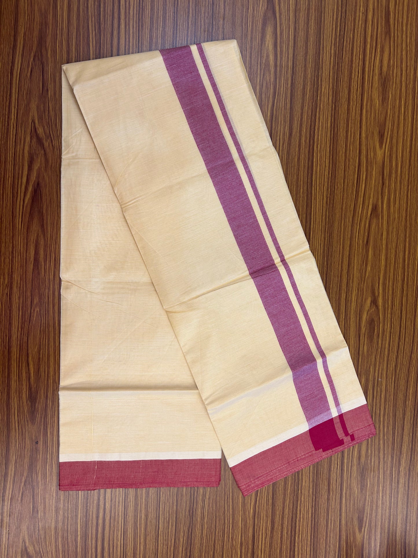 Kannur Kavi - 20% Discount! KaithariKada Balaramapuram  Double Mundu/Dhoti - Pure Cotton - 100x80 - Kannur Yellow colour Body 1.75 Inch Dark Rose Pink Shaded kara - 4 mtr - (8.5 muzham) - 13 KK5362 GAN