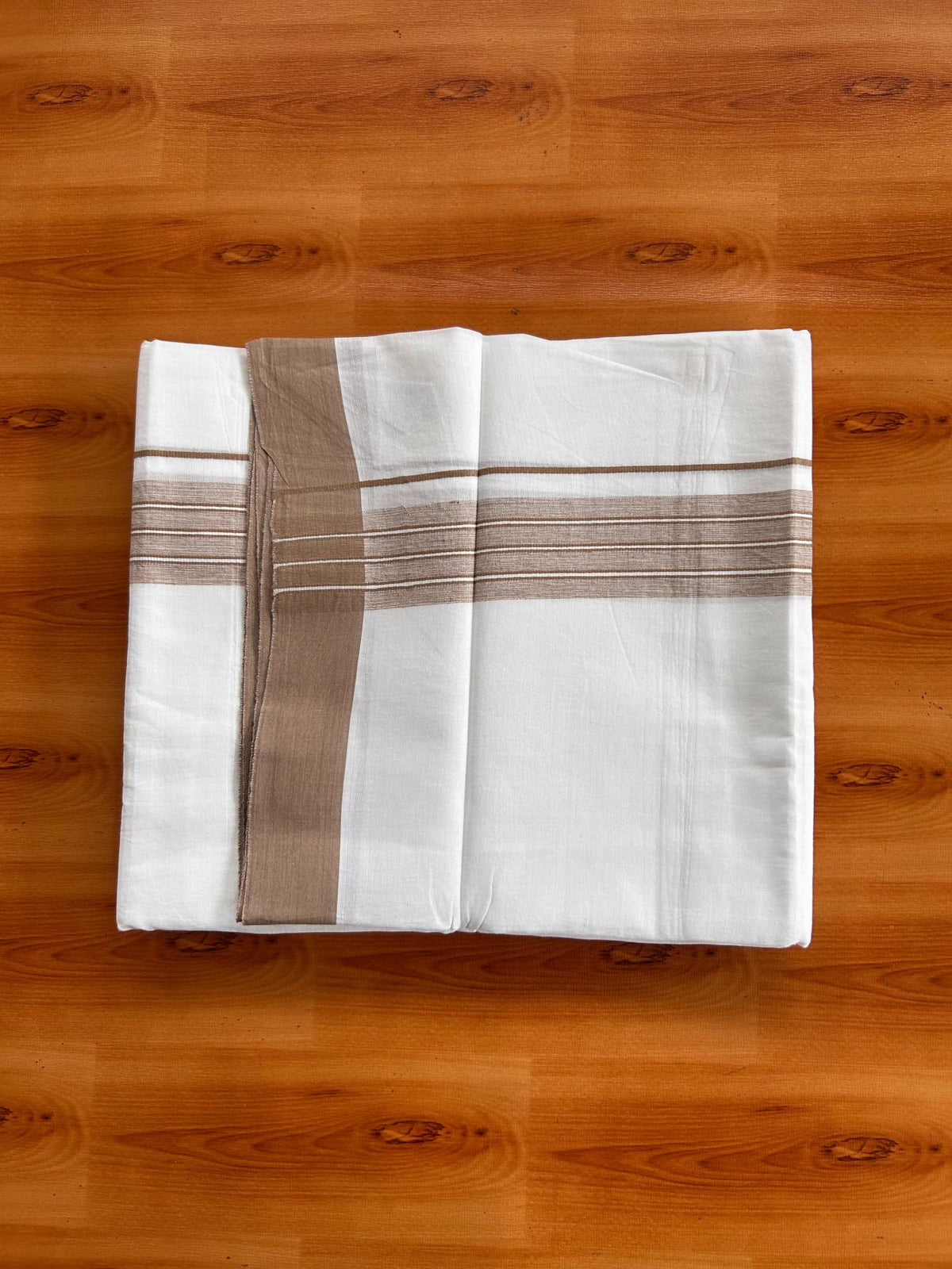 Double Pure White Mundu/Dhoti -20% Discount! KaithariKada 100% Cotton - 100x80 - 1.5 Inch Brown Shaded Striped Kara - 3.80 mtr (8 muzham) - 41 KK5519 PMC