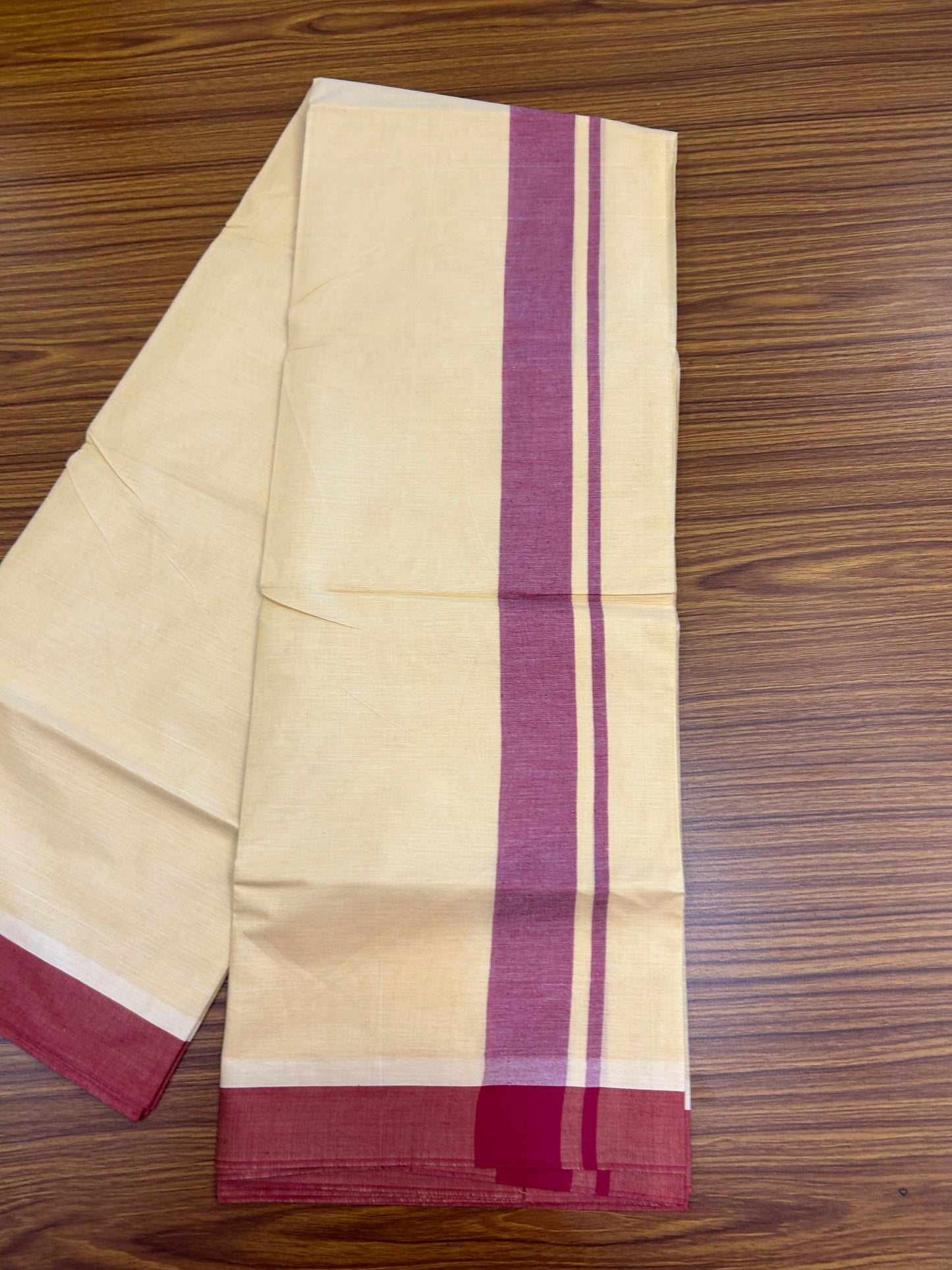 Kannur Kavi - 20% Discount! KaithariKada Balaramapuram  Double Mundu/Dhoti - Pure Cotton - 100x80 - Kannur Yellow colour Body 1.75 Inch Dark Rose Pink Shaded kara - 4 mtr - (8.5 muzham) - 13 KK5362 GAN