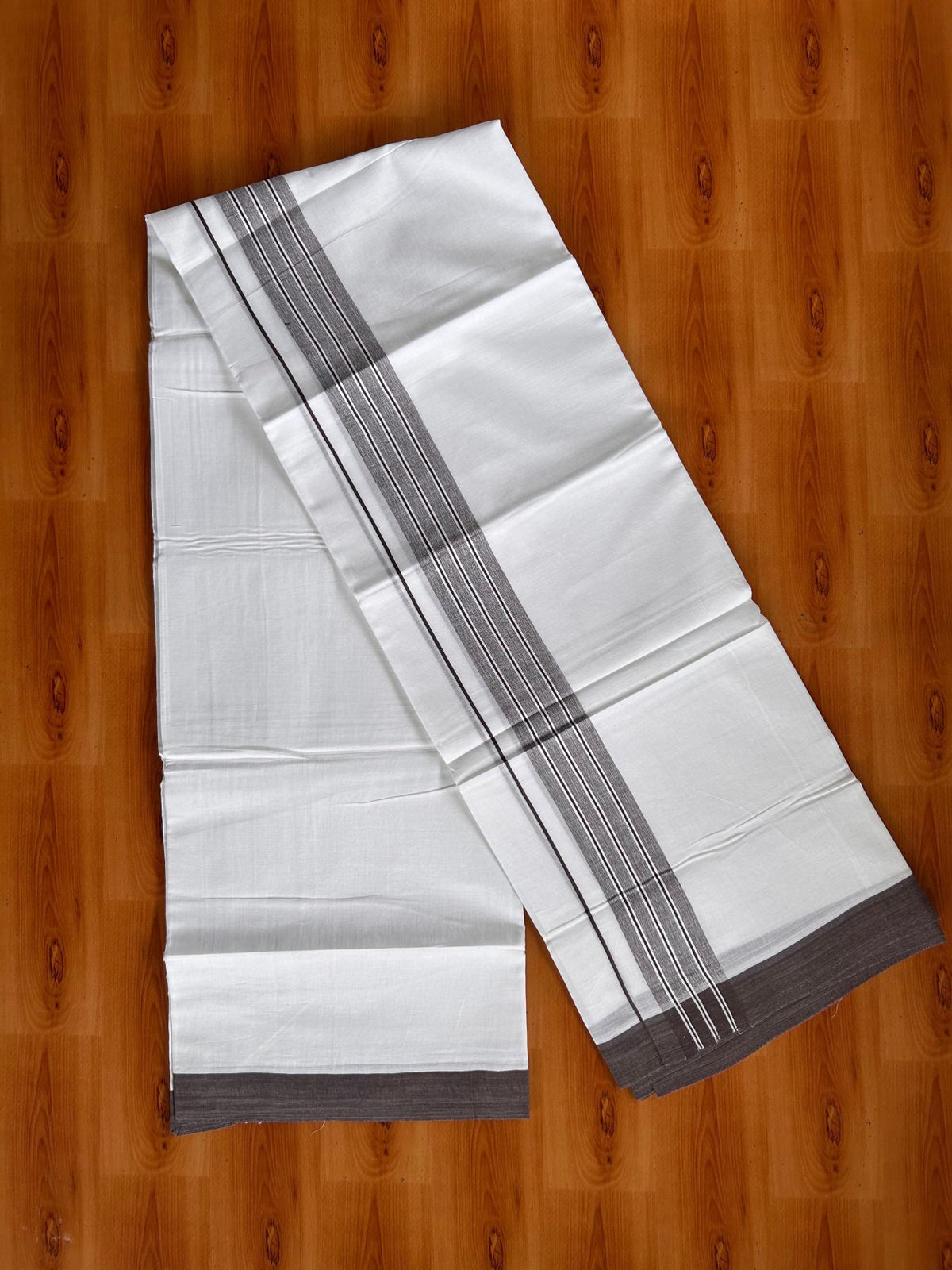 Double Pure White Mundu/Dhoti -20% Discount! KaithariKada 100% Cotton - 100x80 - 1.75 Inch Dark Chocolate Brown Shaded Striped Kara - 3.80 mtr (8 muzham) - 42 KK5519 PMC