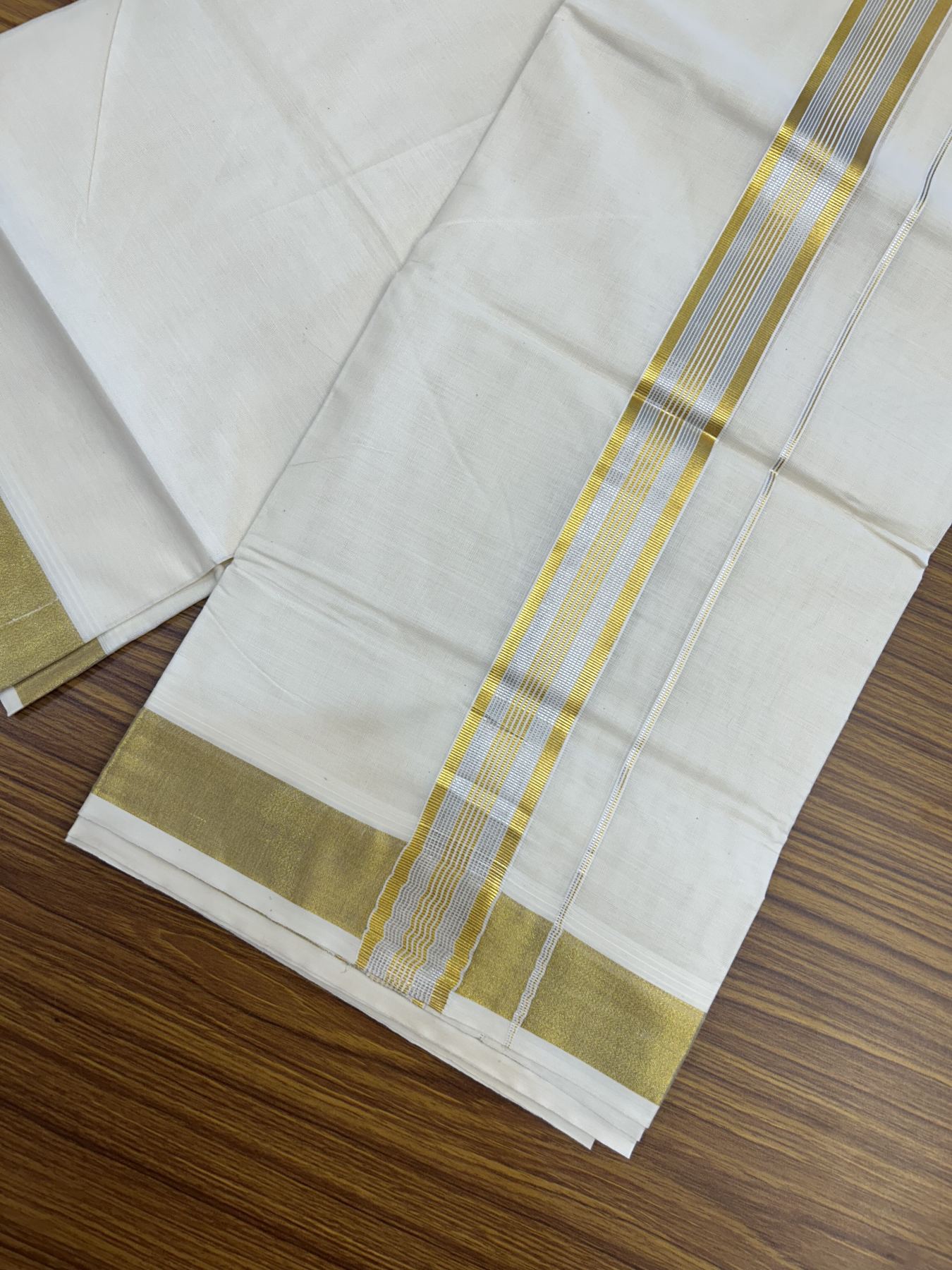 20% Discount ! KaithariKada Balaramapuram - 100% Pure Cotton Off White - (Unbleached) Double Mundu/Dhoti - 100X80 - 1.5 inch Gold Kasav & Silver Kasav Striped Kara 4 mtr (8.5 muzham) - 21 KK5340 VIN