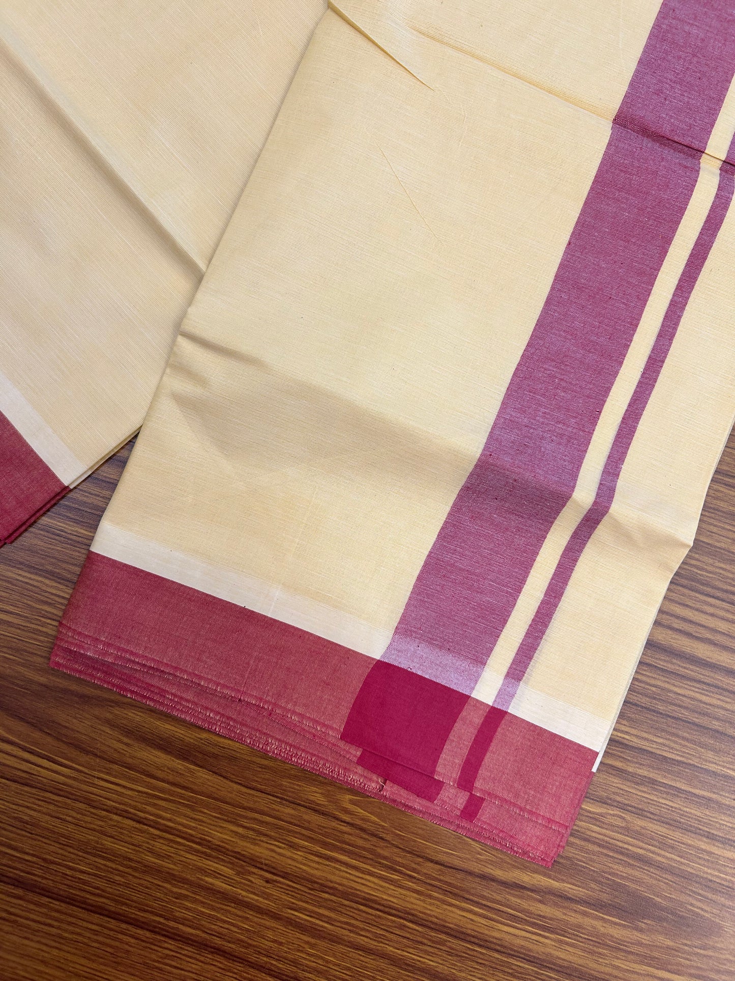 Kannur Kavi - 20% Discount! KaithariKada Balaramapuram  Double Mundu/Dhoti - Pure Cotton - 100x80 - Kannur Yellow colour Body 1.75 Inch Dark Rose Pink Shaded kara - 4 mtr - (8.5 muzham) - 13 KK5362 GAN