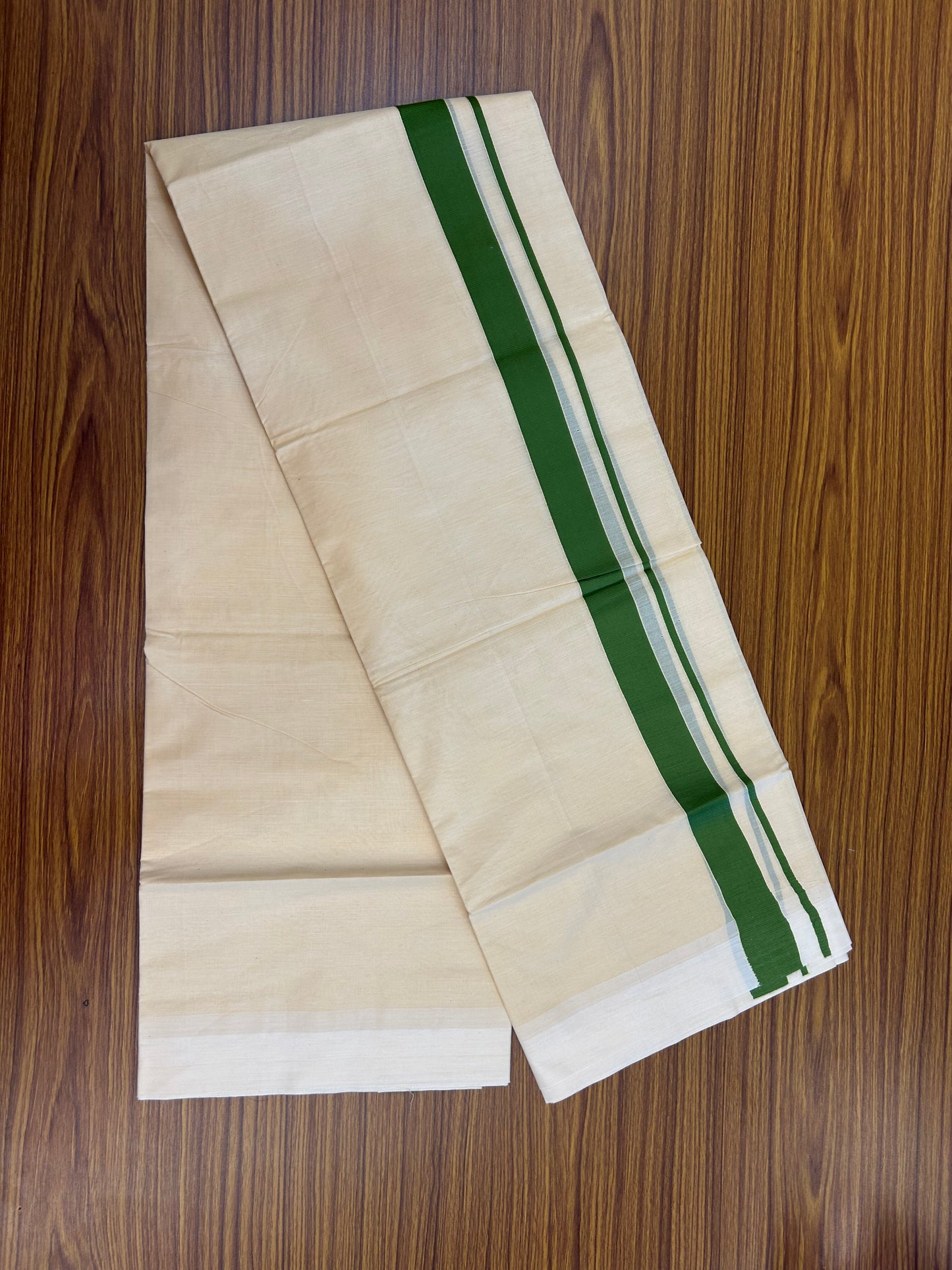 Kannur Kavi - 20% Discount! KaithariKada Balaramapuram  Double Mundu/Dhoti - Pure Cotton - 100x80 - Kannur Yellow colour Body 1.25 Inch Forest Green kara - 4 mtr - (8.5 muzham) - 14 KK5362 GAN