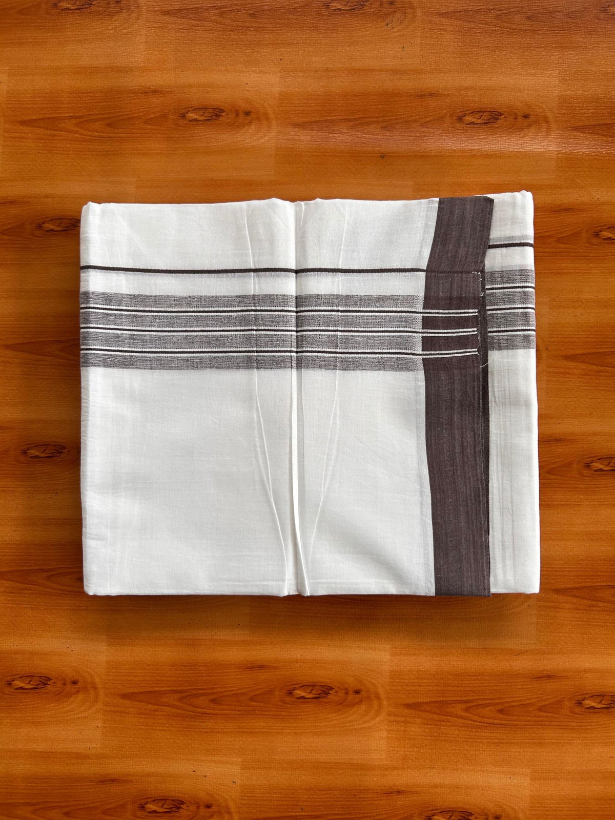 Double Pure White Mundu/Dhoti -20% Discount! KaithariKada 100% Cotton - 100x80 - 1.75 Inch Dark Chocolate Brown Shaded Striped Kara - 3.80 mtr (8 muzham) - 42 KK5519 PMC