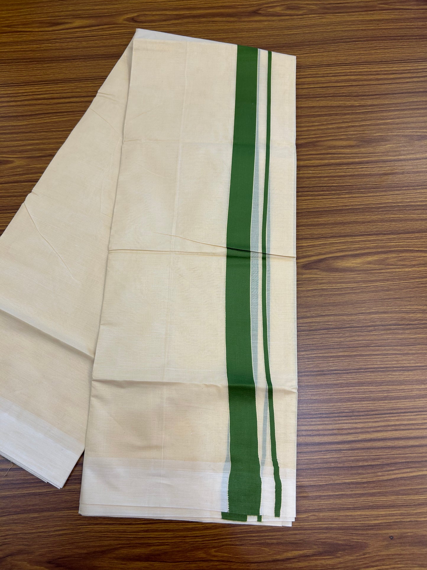 Kannur Kavi - 20% Discount! KaithariKada Balaramapuram  Double Mundu/Dhoti - Pure Cotton - 100x80 - Kannur Yellow colour Body 1.25 Inch Forest Green kara - 4 mtr - (8.5 muzham) - 14 KK5362 GAN