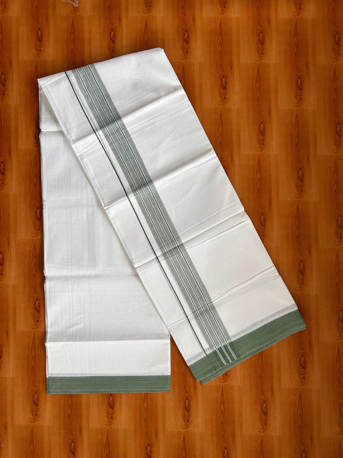 Double Pure White Mundu/Dhoti -20% Discount! KaithariKada 100% Cotton - 100x80 - 1.5 Inch Green Shaded Striped Kara - 3.80 mtr (8 muzham) - 43 KK5519 PMC