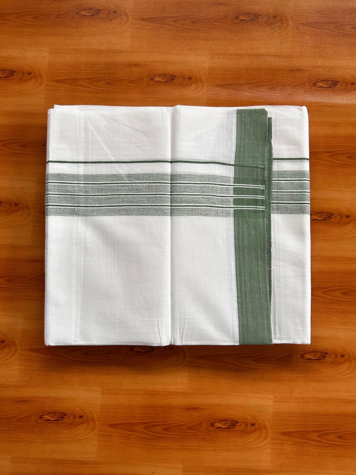 Double Pure White Mundu/Dhoti -20% Discount! KaithariKada 100% Cotton - 100x80 - 1.5 Inch Green Shaded Striped Kara - 3.80 mtr (8 muzham) - 43 KK5519 PMC