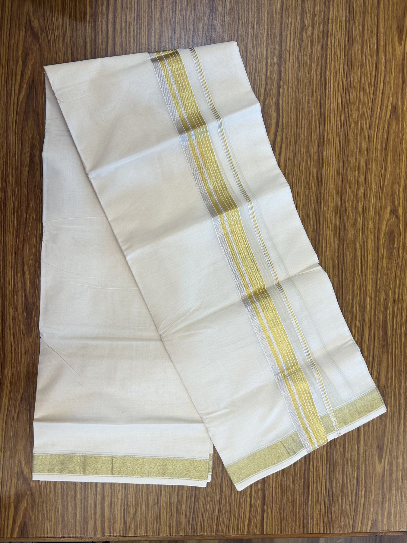 20% Discount ! KaithariKada Balaramapuram - 100% Pure Cotton Off White - (Unbleached) Double Mundu/Dhoti - 100X80 - 1.5 inch Gold Kasav & Silver Kasav Striped Kara 4 mtr (8.5 muzham) - 25 KK5340 VIN