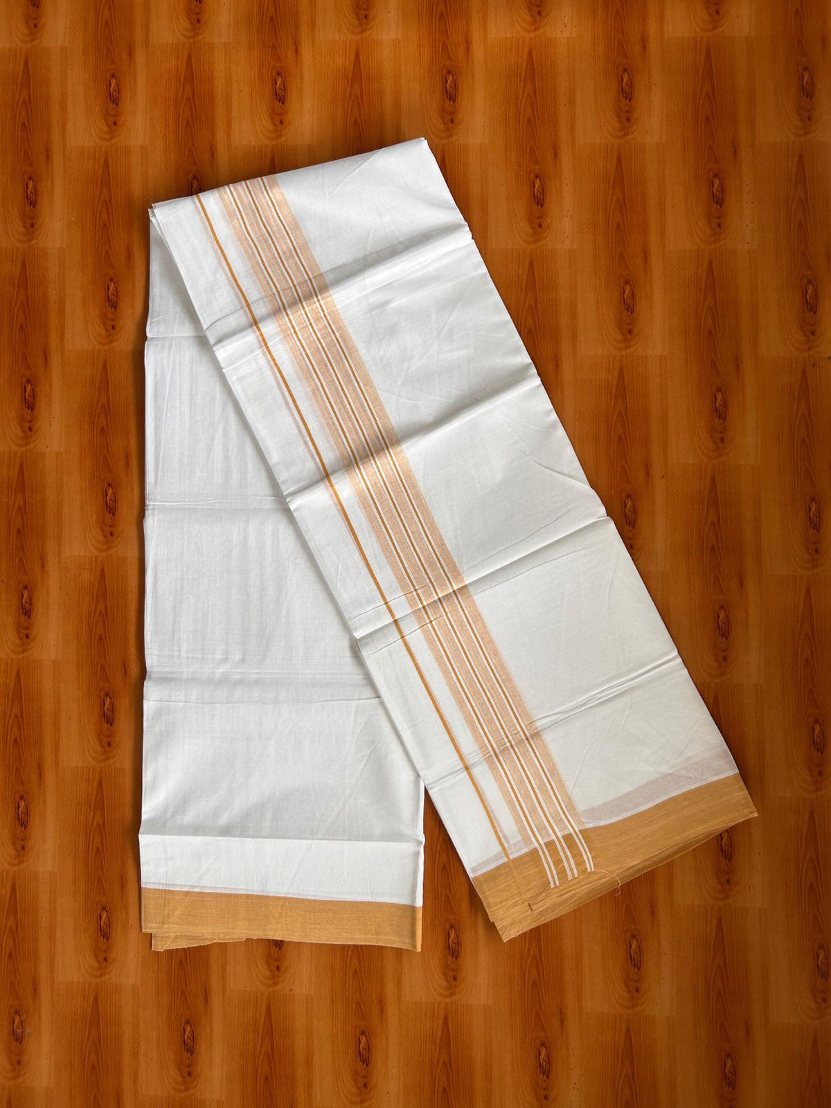Double Pure White Mundu/Dhoti -20% Discount! KaithariKada 100% Cotton - 100x80 - 1.75 Inch Yellow Orange Shaded Striped Kara - 3.80 mtr (8 muzham) - 44 KK5519 PMC