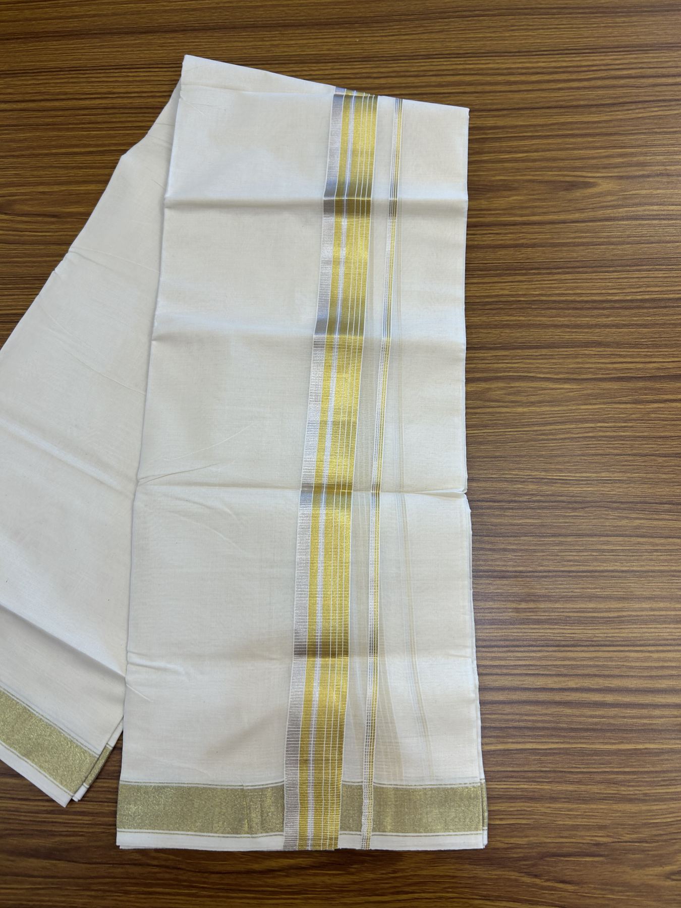 20% Discount ! KaithariKada Balaramapuram - 100% Pure Cotton Off White - (Unbleached) Double Mundu/Dhoti - 100X80 - 1.5 inch Gold Kasav & Silver Kasav Striped Kara 4 mtr (8.5 muzham) - 25 KK5340 VIN