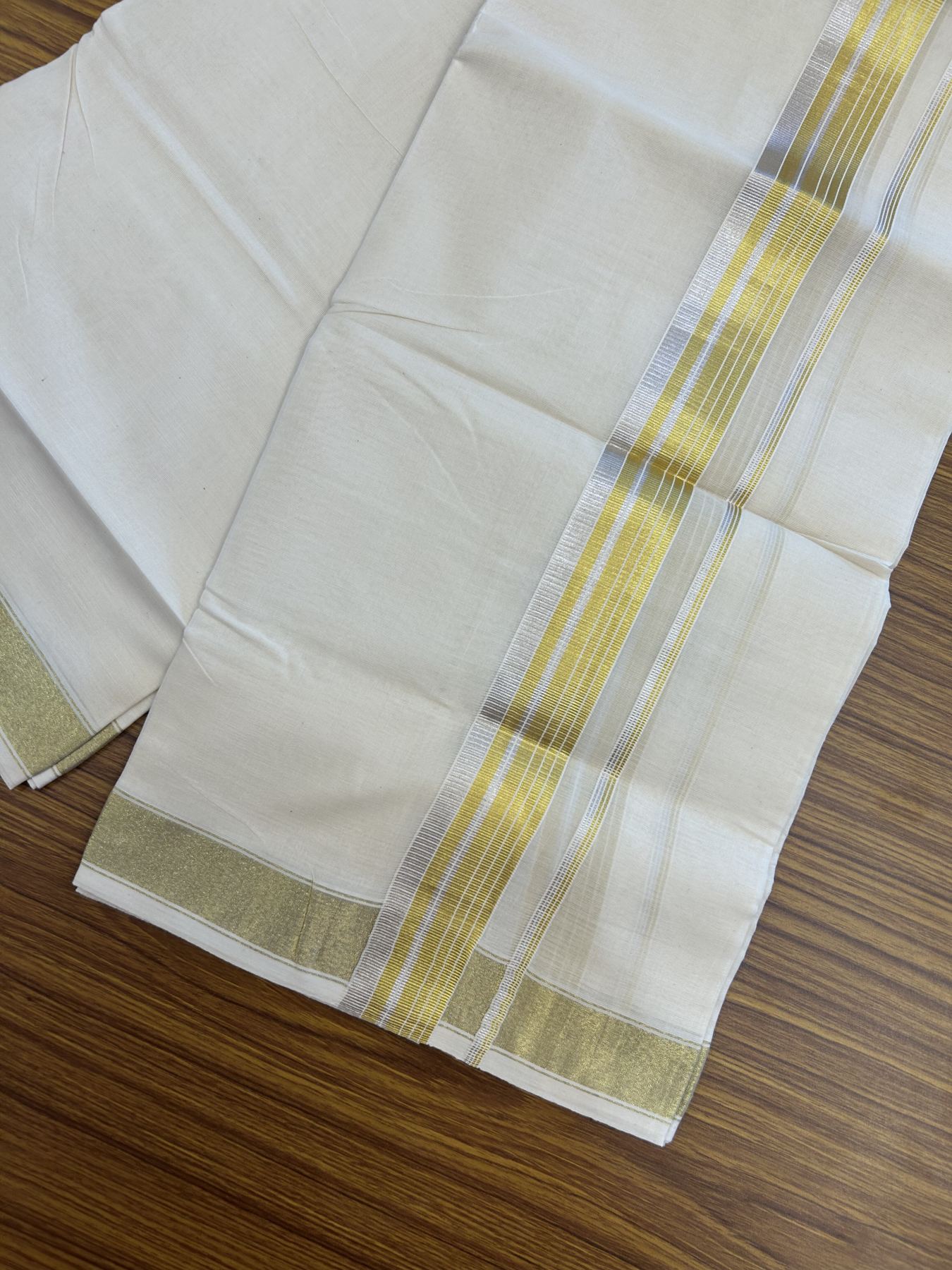20% Discount ! KaithariKada Balaramapuram - 100% Pure Cotton Off White - (Unbleached) Double Mundu/Dhoti - 100X80 - 1.5 inch Gold Kasav & Silver Kasav Striped Kara 4 mtr (8.5 muzham) - 25 KK5340 VIN