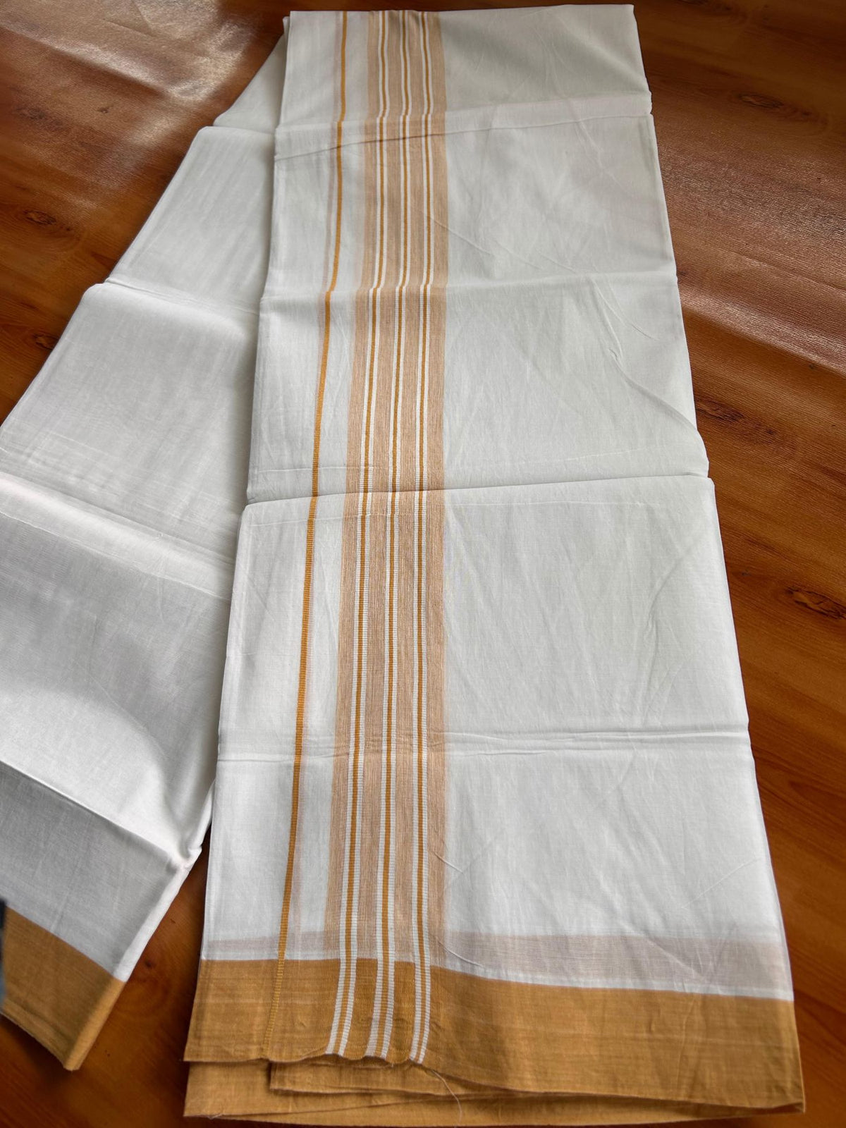 Double Pure White Mundu/Dhoti -20% Discount! KaithariKada 100% Cotton - 100x80 - 1.75 Inch Yellow Orange Shaded Striped Kara - 3.80 mtr (8 muzham) - 44 KK5519 PMC