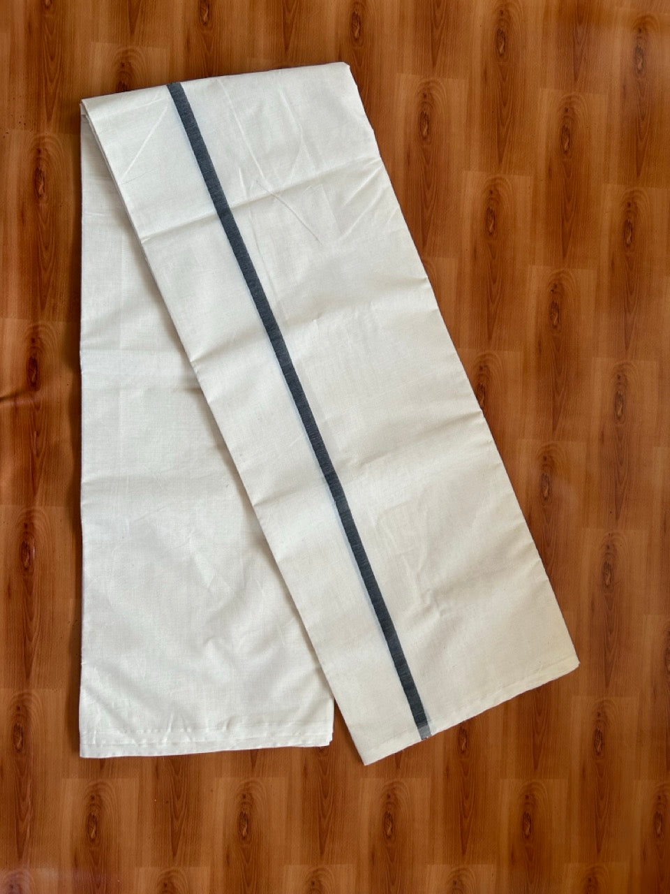 29% Offer! KaithariKada Balaramapuram 100% Cotton  Off White (Unbleached) Double Mundu/Dhoti- 100x100 Black & Kasav Half & Half 0.25 Inch  - 1 KK5379 ASH