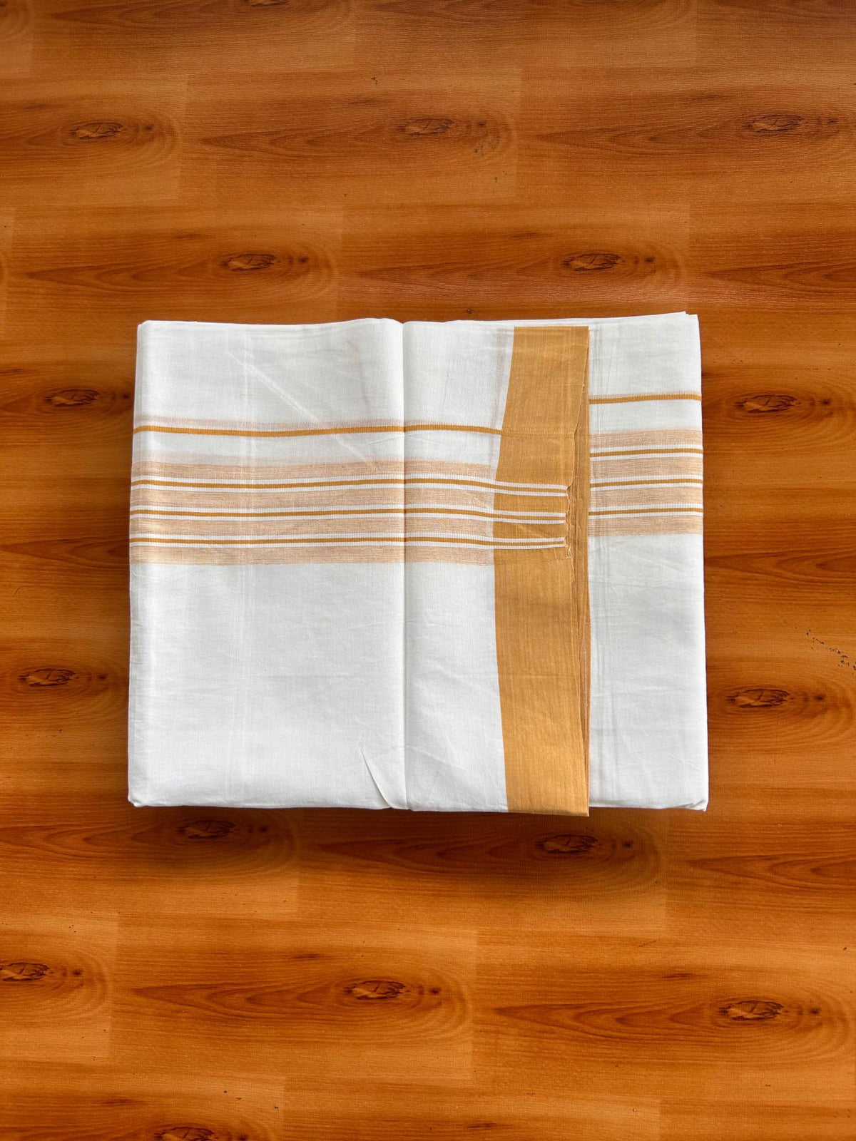Double Pure White Mundu/Dhoti -20% Discount! KaithariKada 100% Cotton - 100x80 - 1.75 Inch Yellow Orange Shaded Striped Kara - 3.80 mtr (8 muzham) - 44 KK5519 PMC