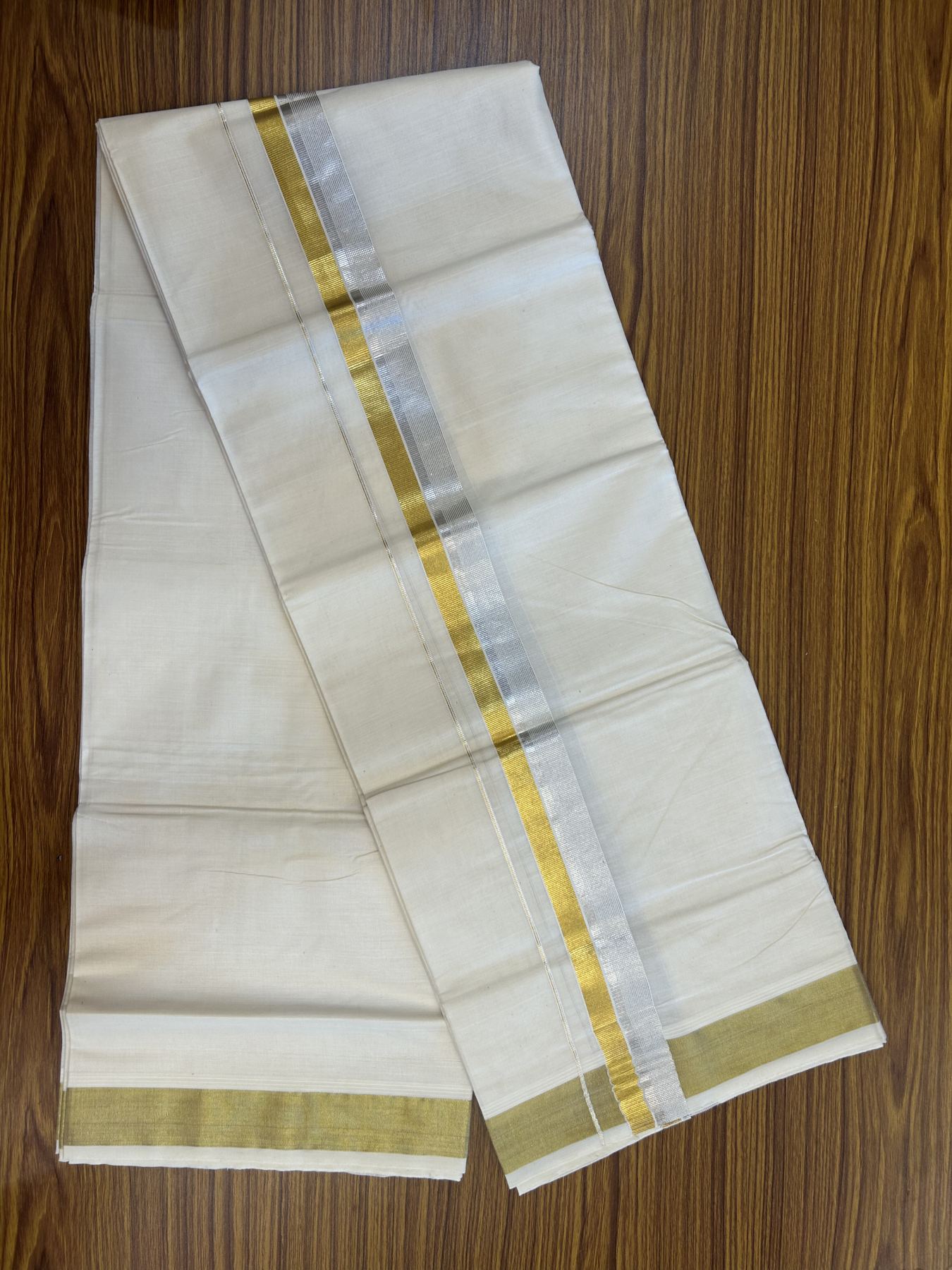20% Discount ! KaithariKada Balaramapuram - 100% Pure Cotton Off White - (Unbleached) Double Mundu/Dhoti - 100X80 - 1.5 inch Gold Kasav & Silver Kasav Striped Kara 4 mtr (8.5 muzham) - 18 KK5340 VIN