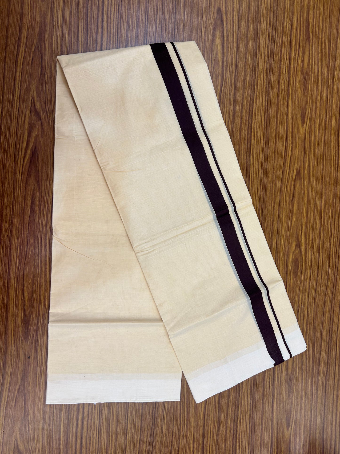 Kannur Kavi - 20% Discount! KaithariKada Balaramapuram  Double Mundu/Dhoti - Pure Cotton - 100x80 - Kannur Yellow colour Body 1 Inch Dark Brown kara - 4 mtr - (8.5 muzham) - 16 KK5362 GAN