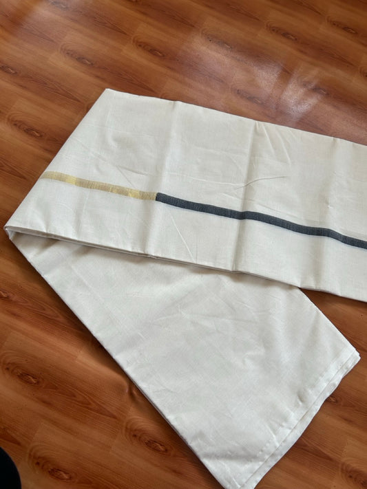 29% Offer! KaithariKada Balaramapuram 100% Cotton  Off White (Unbleached) Double Mundu/Dhoti- 100x100 Black & Kasav Half & Half 0.25 Inch  - 1 KK5379 ASH