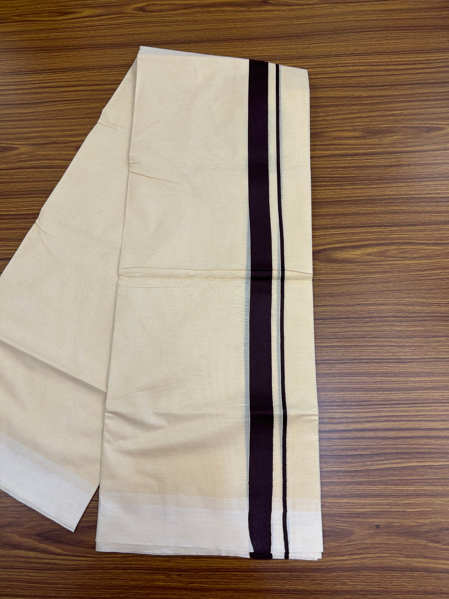 Kannur Kavi - 20% Discount! KaithariKada Balaramapuram  Double Mundu/Dhoti - Pure Cotton - 100x80 - Kannur Yellow colour Body 1 Inch Dark Brown kara - 4 mtr - (8.5 muzham) - 16 KK5362 GAN