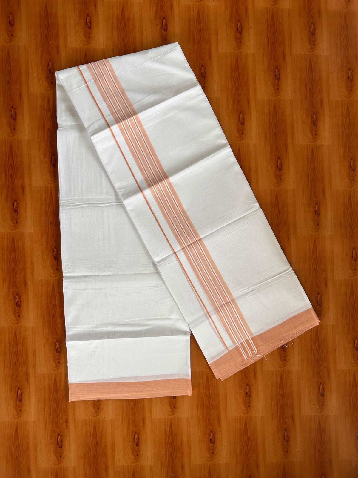 Double Pure White Mundu/Dhoti -20% Discount! KaithariKada 100% Cotton - 100x80 - 1.5 Inch Peach Shaded Striped Kara - 3.80 mtr (8 muzham) - 45 KK5519 PMC