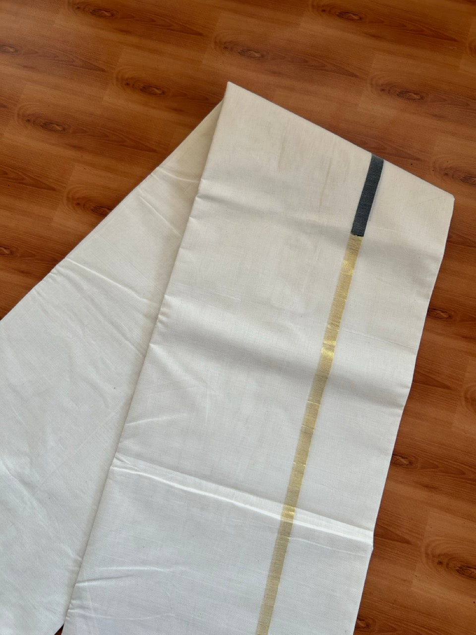 29% Offer! KaithariKada Balaramapuram 100% Cotton  Off White (Unbleached) Double Mundu/Dhoti- 100x100 Black & Kasav Half & Half 0.25 Inch  - 1 KK5379 ASH