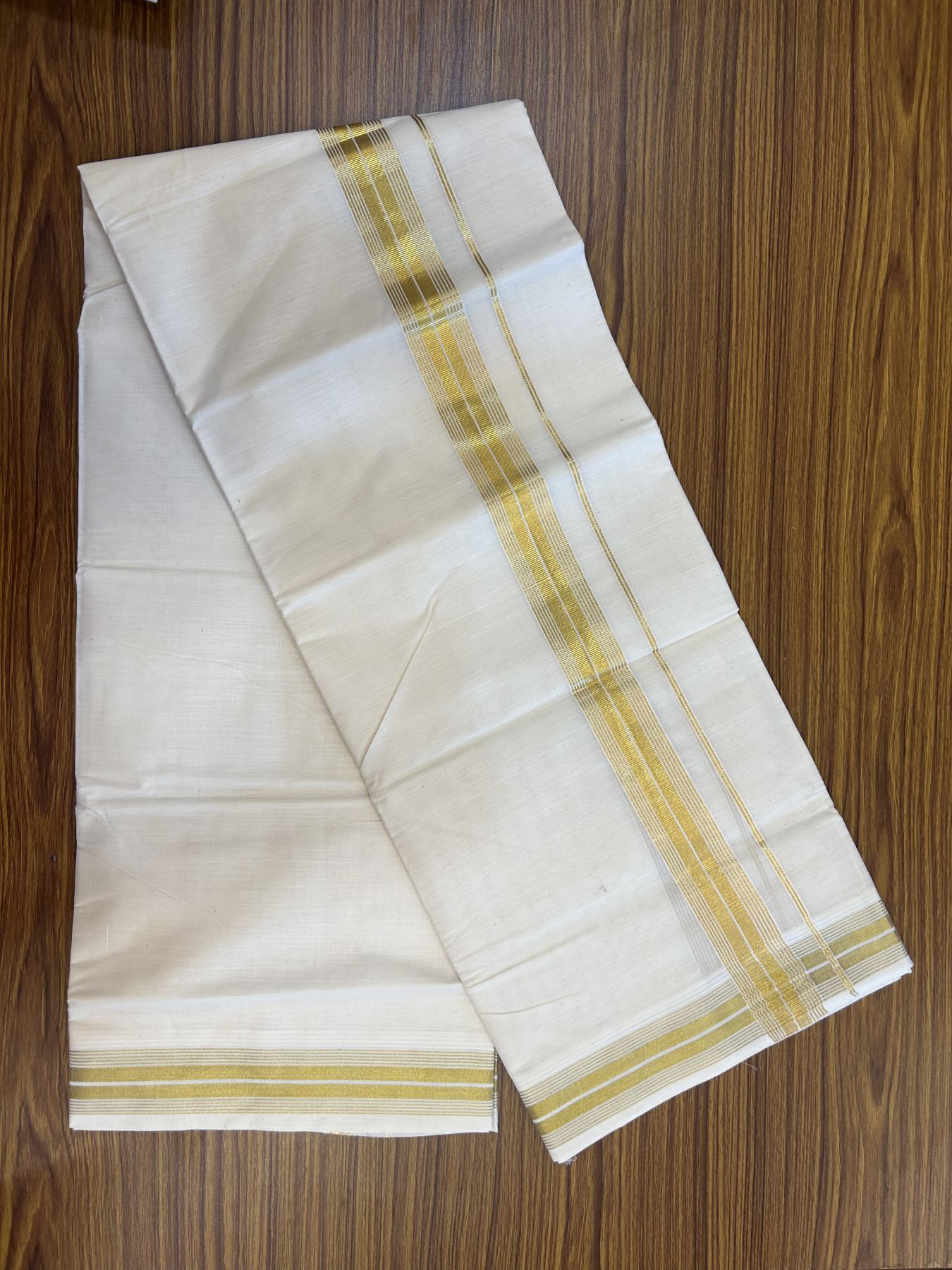 20% Discount ! KaithariKada Balaramapuram - 100% Pure Cotton Off White - (Unbleached) Double Mundu/Dhoti - 100X80 - 1.5 inch Gold Kasav Striped Kara 4 mtr (8.5 muzham) - 7 KK5340 VIN