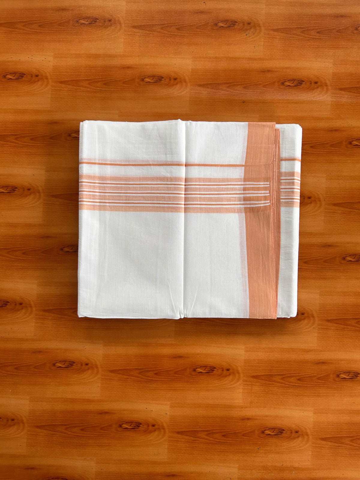 Double Pure White Mundu/Dhoti -20% Discount! KaithariKada 100% Cotton - 100x80 - 1.5 Inch Peach Shaded Striped Kara - 3.80 mtr (8 muzham) - 45 KK5519 PMC