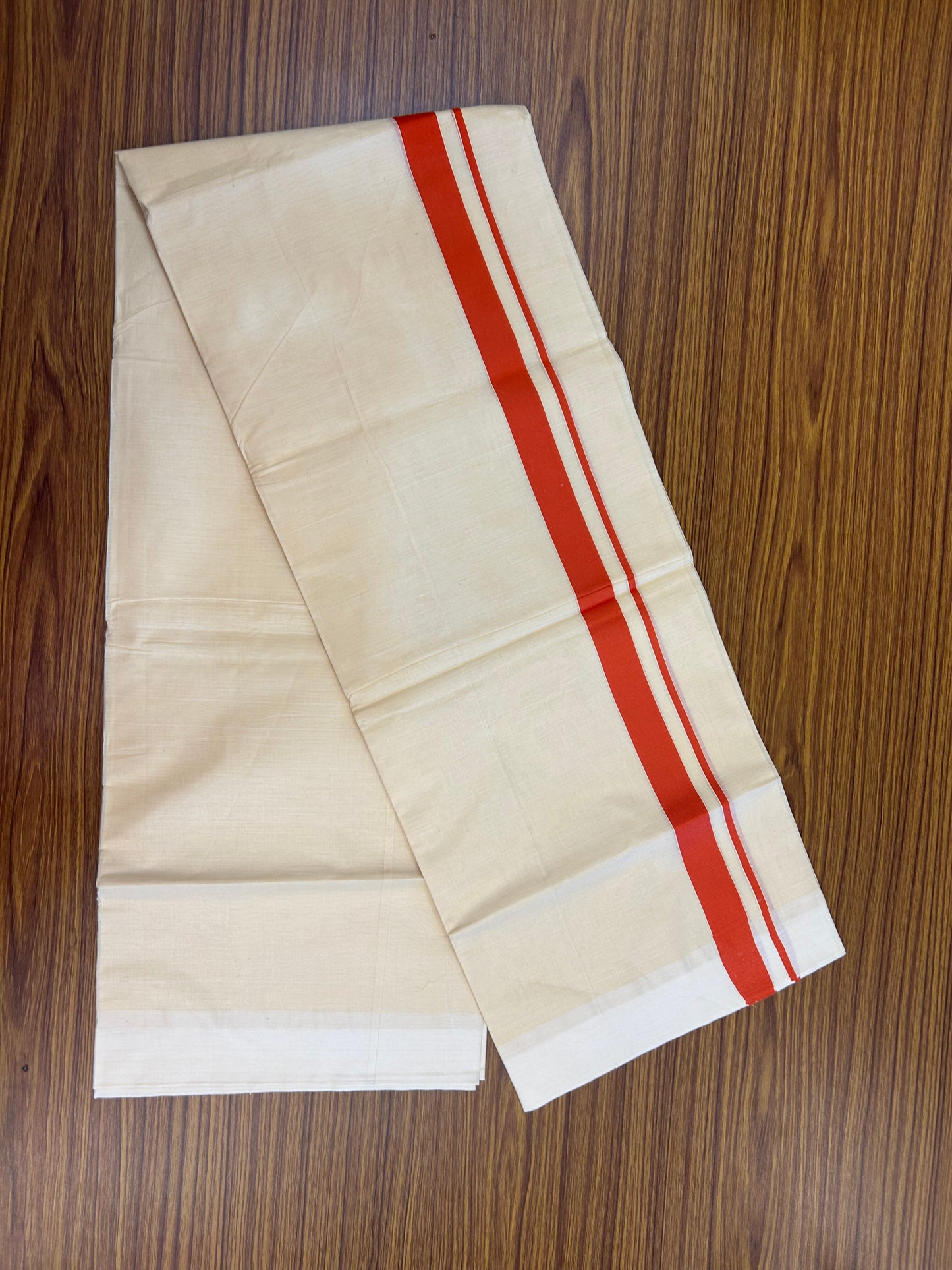 Kannur Kavi - 20% Discount! KaithariKada Balaramapuram  Double Mundu/Dhoti - Pure Cotton - 100x80 - Kannur Yellow colour Body 1 Inch Orange kara - 4 mtr - (8.5 muzham) - 17 KK5362 GAN