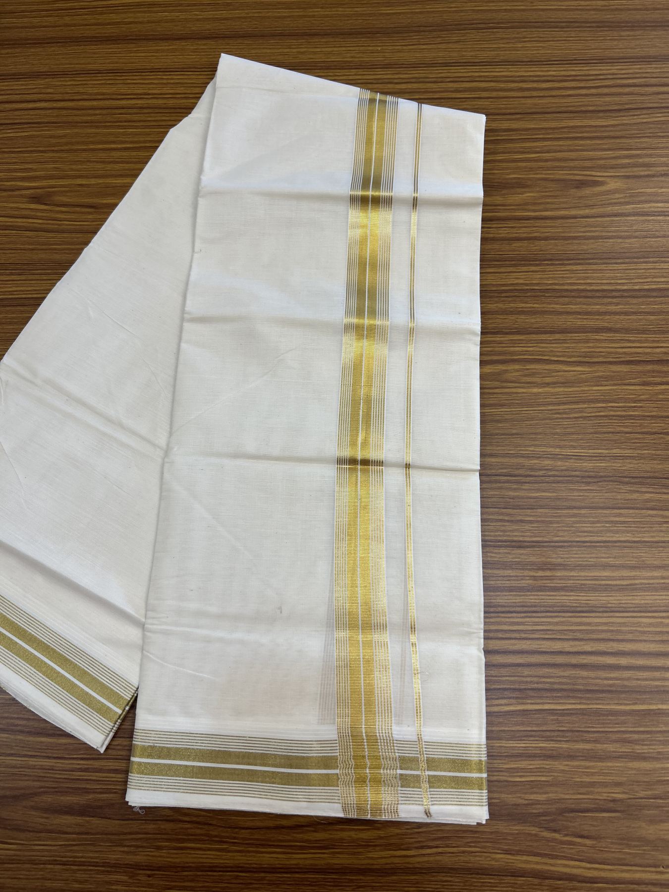 20% Discount ! KaithariKada Balaramapuram - 100% Pure Cotton Off White - (Unbleached) Double Mundu/Dhoti - 100X80 - 1.5 inch Gold Kasav Striped Kara 4 mtr (8.5 muzham) - 7 KK5340 VIN