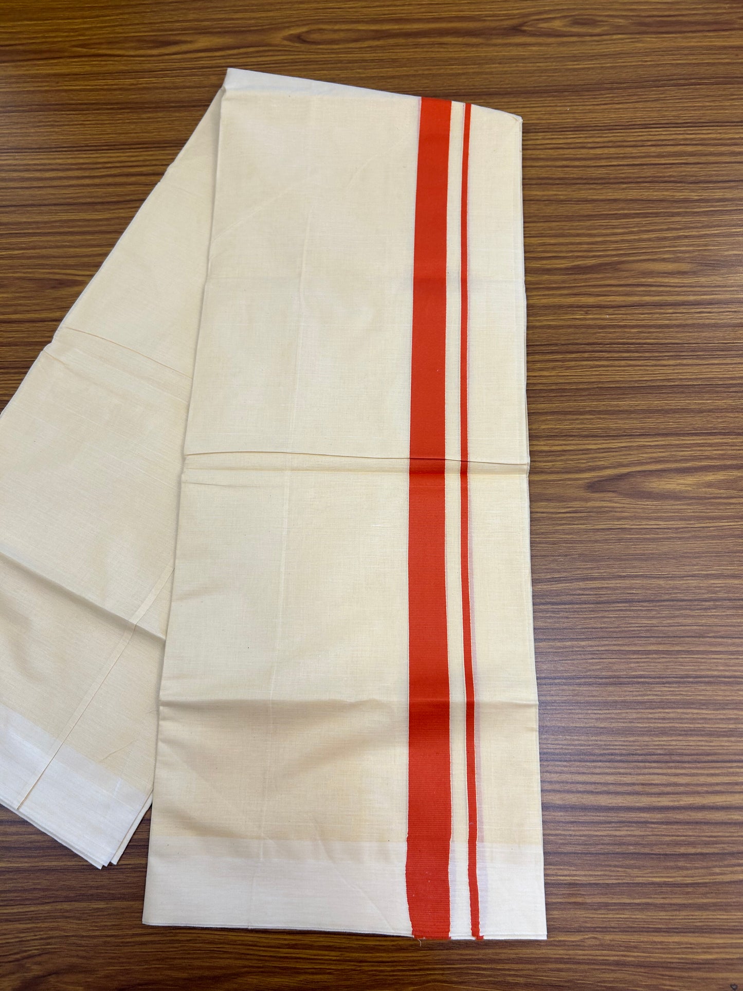 Kannur Kavi - 20% Discount! KaithariKada Balaramapuram  Double Mundu/Dhoti - Pure Cotton - 100x80 - Kannur Yellow colour Body 1 Inch Orange kara - 4 mtr - (8.5 muzham) - 17 KK5362 GAN