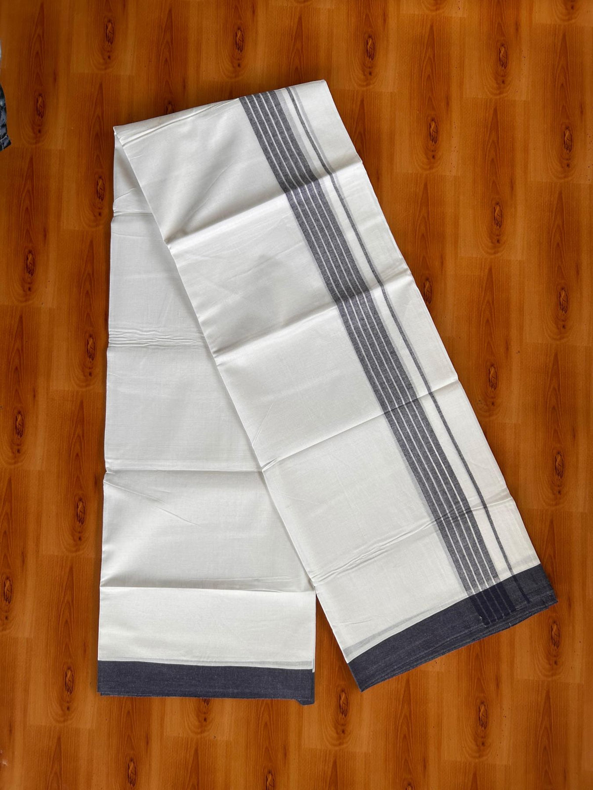 Double Pure White Mundu/Dhoti -20% Discount! KaithariKada 100% Cotton - 100x80 - 1.5 Inch Navy Blue Shaded Striped Kara - 3.80 mtr (8 muzham) - 46 KK5519 PMC