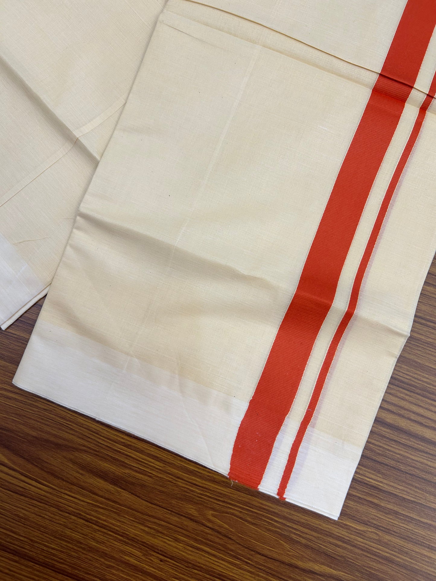 Kannur Kavi - 20% Discount! KaithariKada Balaramapuram  Double Mundu/Dhoti - Pure Cotton - 100x80 - Kannur Yellow colour Body 1 Inch Orange kara - 4 mtr - (8.5 muzham) - 17 KK5362 GAN