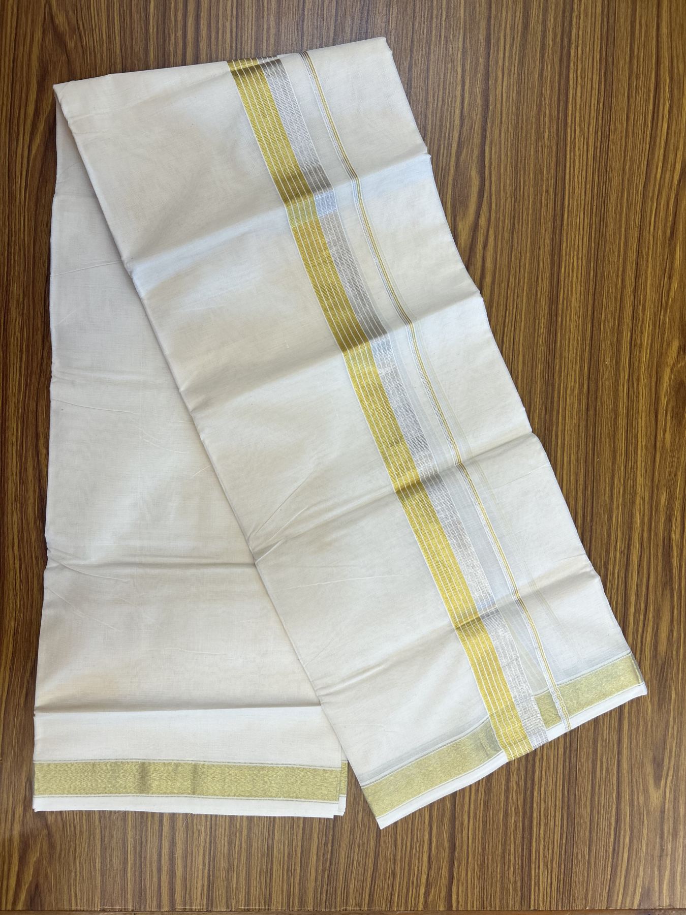 20% Discount ! KaithariKada Balaramapuram - 100% Pure Cotton Off White - (Unbleached) Double Mundu/Dhoti - 100X80 - 1.5 inch Gold Kasav & Silver Kasav Striped Kara 4 mtr (8.5 muzham) - 12 KK5340 VIN