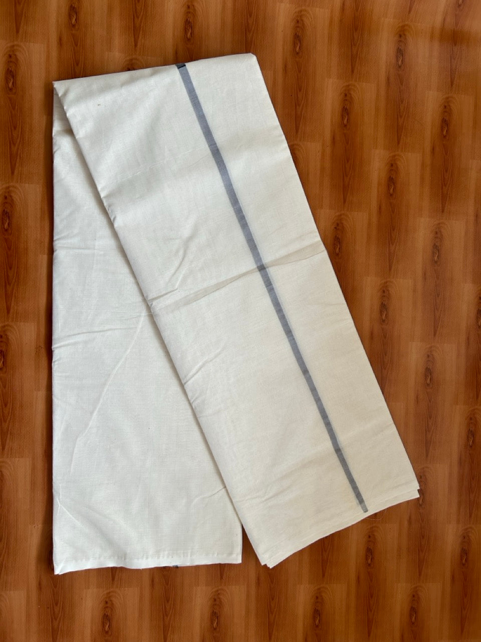 29% Offer! KaithariKada Balaramapuram 100% Cotton  Off White (Unbleached) Double Mundu/Dhoti- 100x100 Black & Ash Half & Half 0.25 Inch  - 2 KK5379 ASH