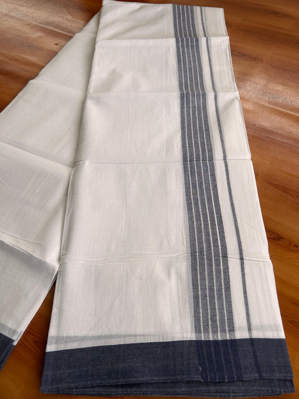 Double Pure White Mundu/Dhoti -20% Discount! KaithariKada 100% Cotton - 100x80 - 1.5 Inch Navy Blue Shaded Striped Kara - 3.80 mtr (8 muzham) - 46 KK5519 PMC