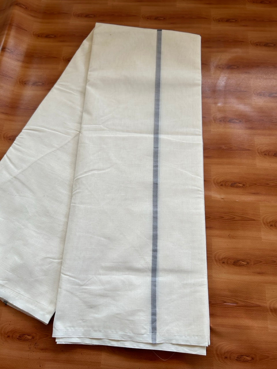 29% Offer! KaithariKada Balaramapuram 100% Cotton  Off White (Unbleached) Double Mundu/Dhoti- 100x100 Black & Ash Half & Half 0.25 Inch  - 2 KK5379 ASH