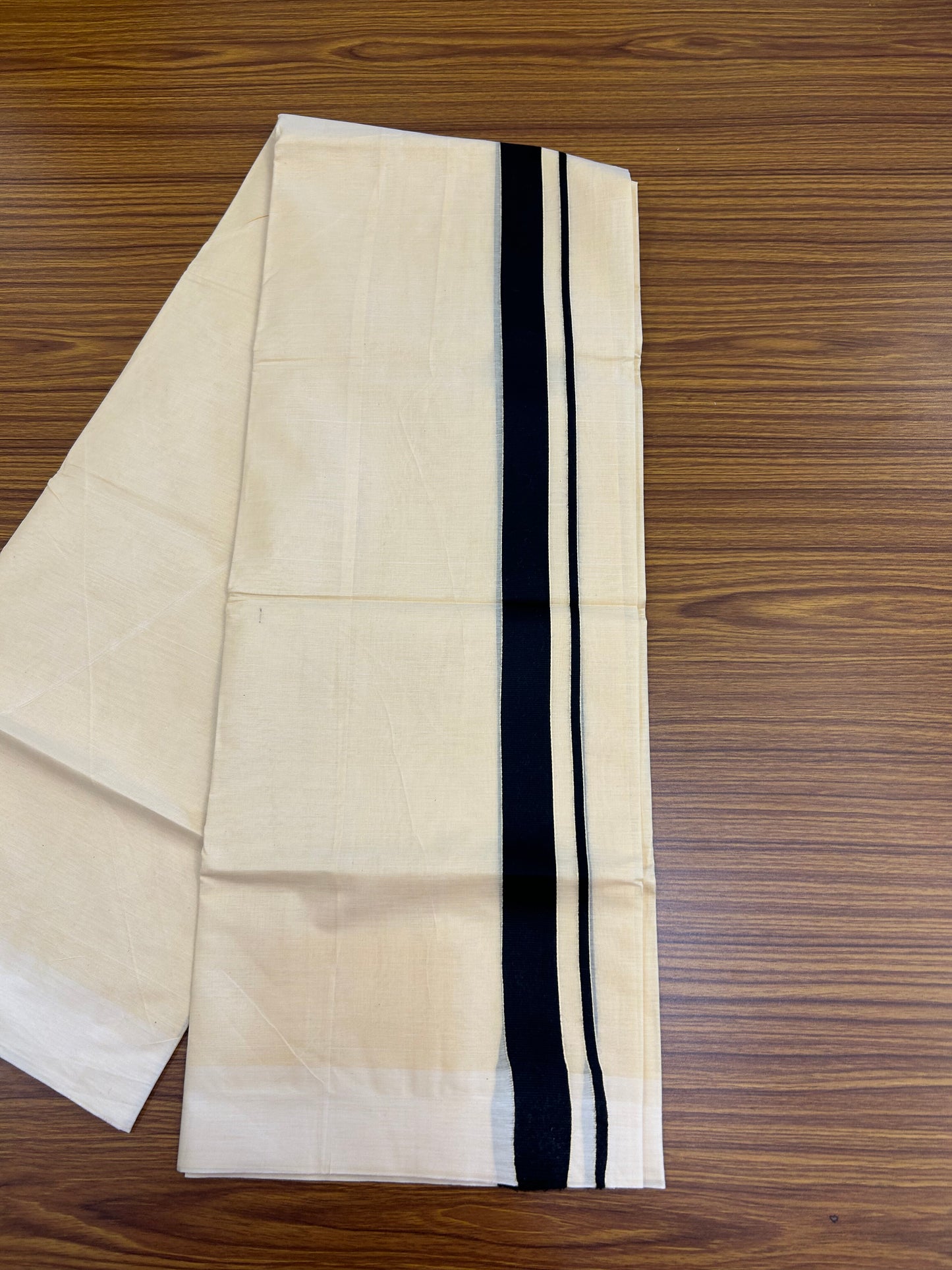 Kannur Kavi - 20% Discount! KaithariKada Balaramapuram  Double Mundu/Dhoti - Pure Cotton - 100x80 - Kannur Yellow colour Body 1 Inch Black kara - 4 mtr - (8.5 muzham) - 18 KK5362 GAN