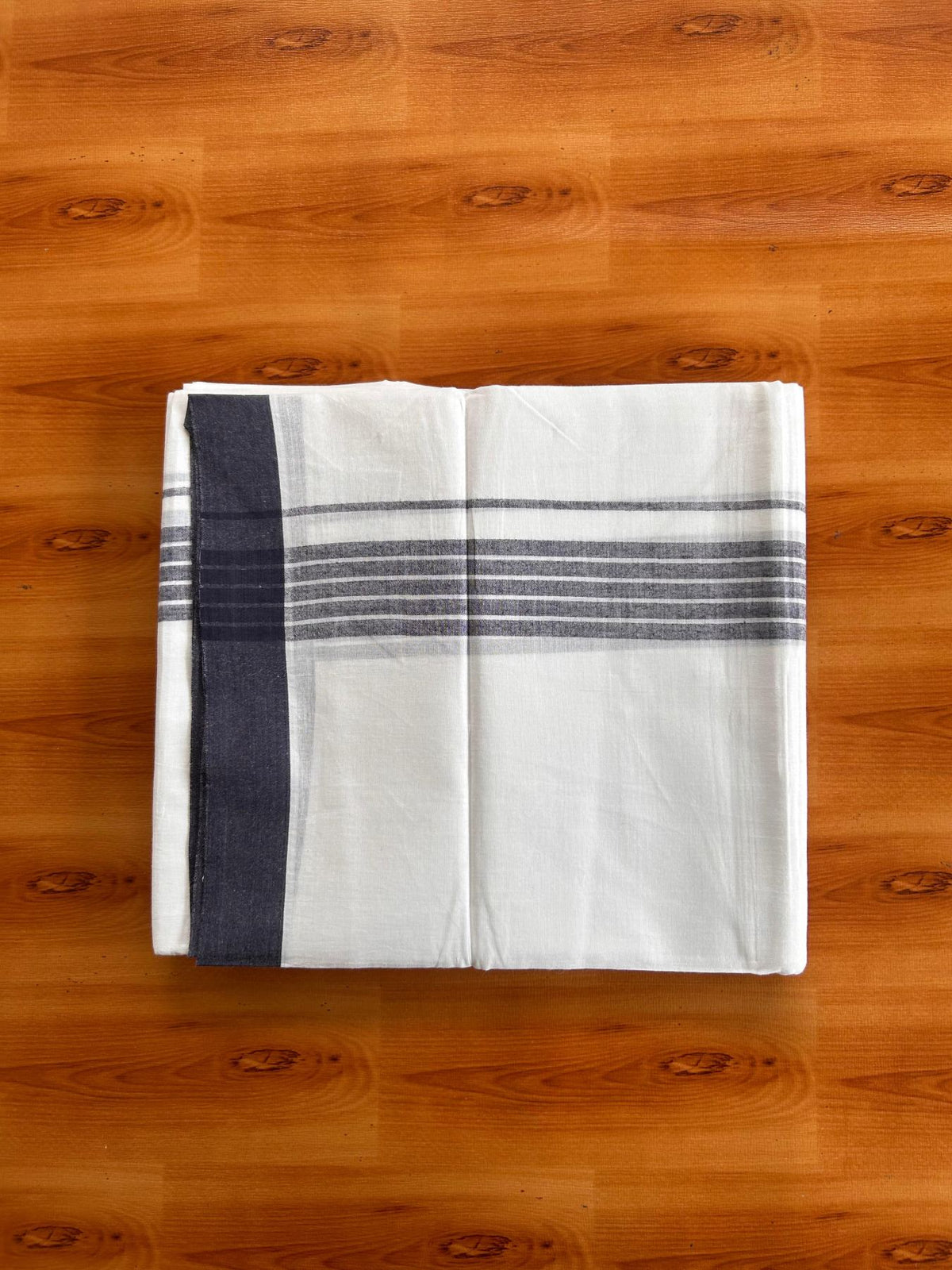 Double Pure White Mundu/Dhoti -20% Discount! KaithariKada 100% Cotton - 100x80 - 1.5 Inch Navy Blue Shaded Striped Kara - 3.80 mtr (8 muzham) - 46 KK5519 PMC