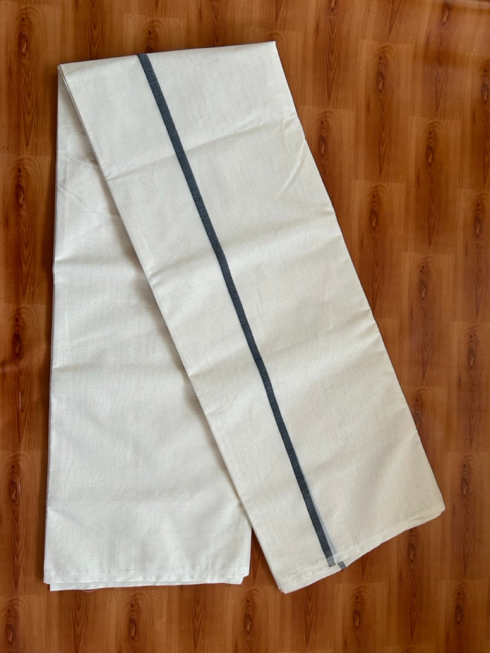 29% Offer! KaithariKada Balaramapuram 100% Cotton  Off White (Unbleached) Double Mundu/Dhoti- 100x100 Black & Ash Half & Half 0.25 Inch  - 2 KK5379 ASH