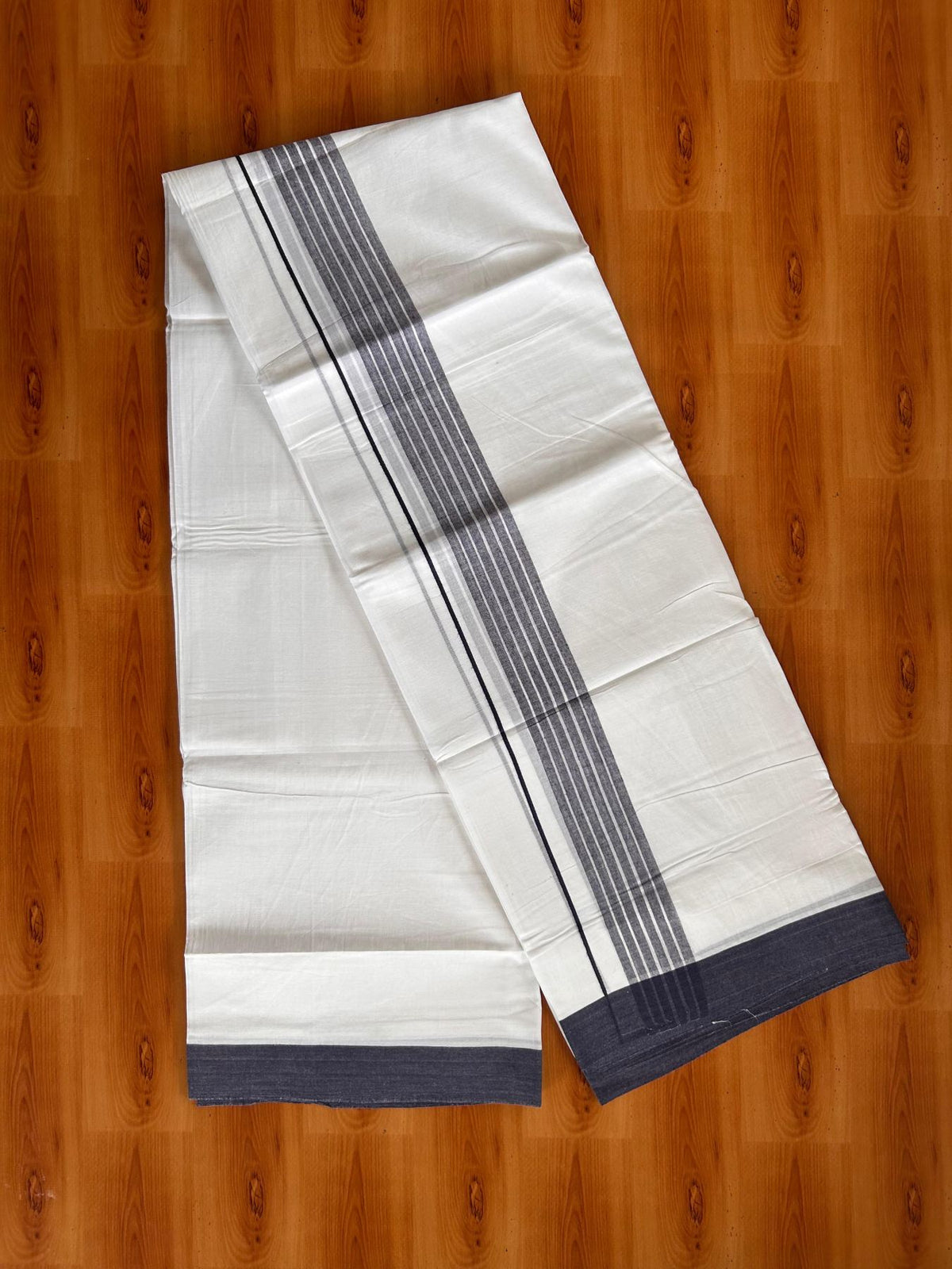 Double Pure White Mundu/Dhoti -20% Discount! KaithariKada 100% Cotton - 100x80 - 1.75 Inch Navy Blue Shaded Striped Kara - 3.80 mtr (8 muzham) - 47 KK5519 PMC