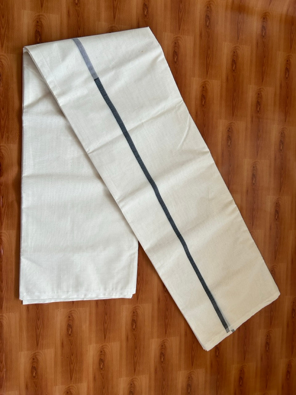 29% Offer! KaithariKada Balaramapuram 100% Cotton  Off White (Unbleached) Double Mundu/Dhoti- 100x100 Black & Ash Half & Half 0.25 Inch  - 2 KK5379 ASH
